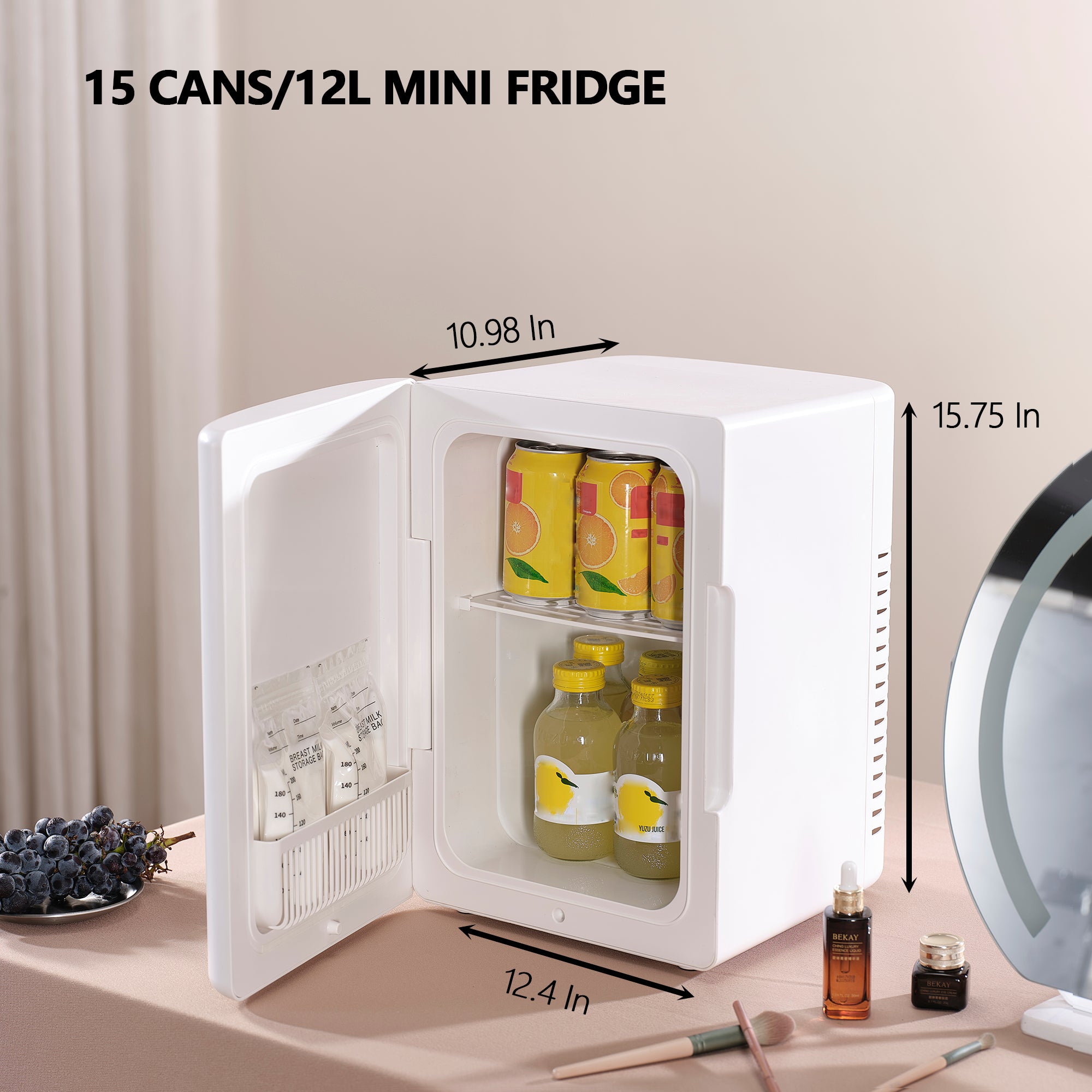 WHALL Mini Fridge 12L Portable Cooler & Warmer, Dual Power 120V AC/12V DC, Small Electric Refrigerator for Bedroom, Car, Skincare, Travel, Camping