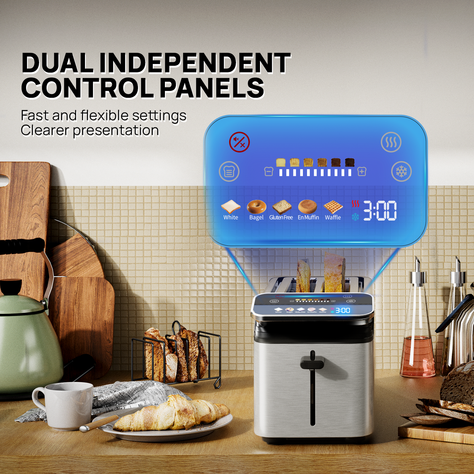 WHALLULTRA 4 Slice Toaster, TouchScreen Toasters with Projection Display, Long Extra-Wide Slots, Bagle / Reheat/Defrost Stainless Steel