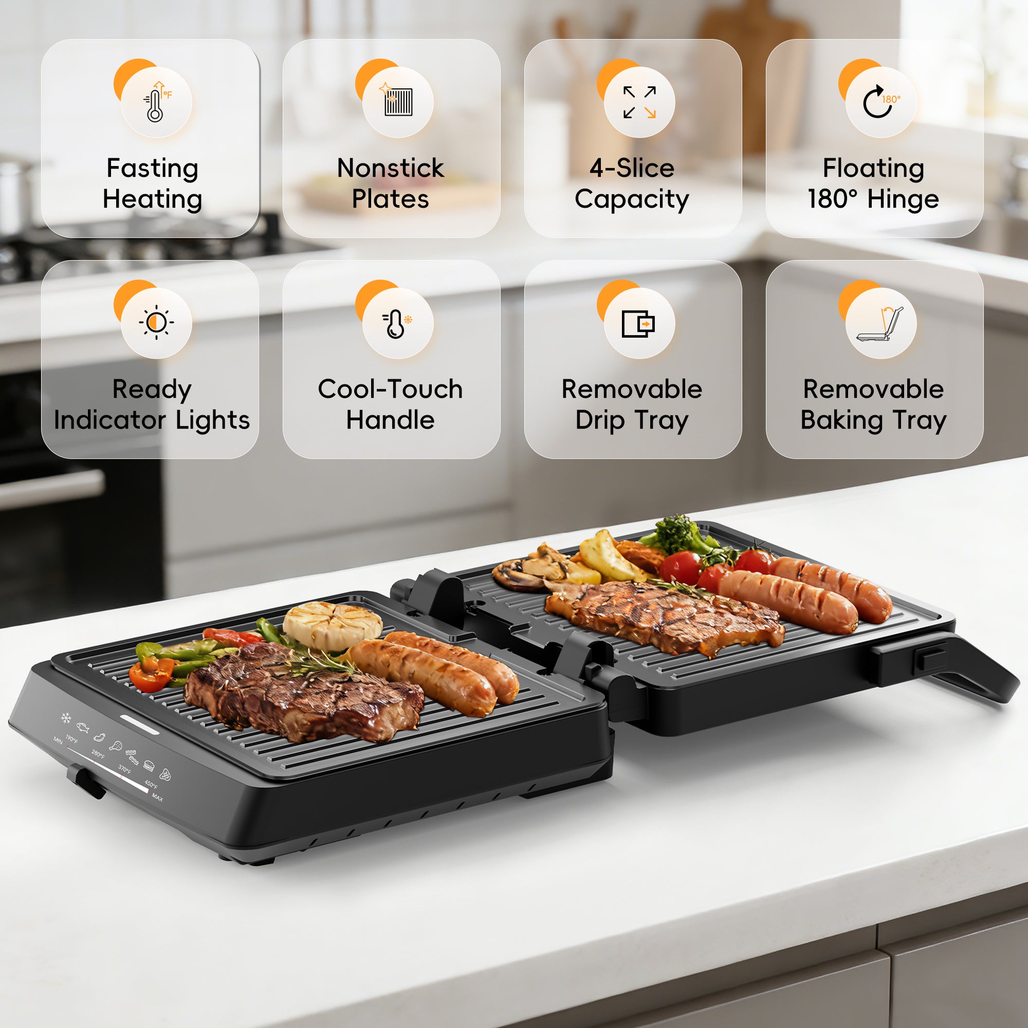 WHALL 4‑in‑1 1600W Indoor Grill & Griddle Combo, Black, Opens Flat, Removable Non‑stick Plates