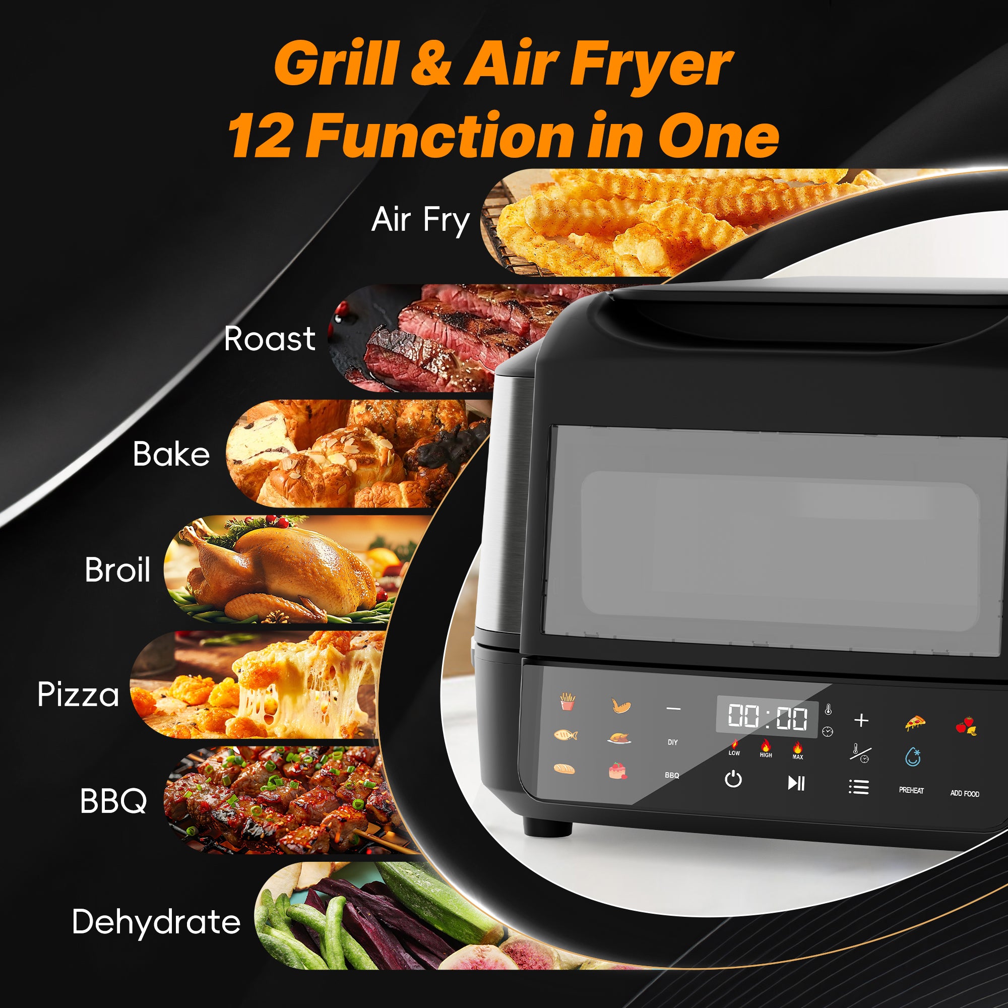 WHALL 12‑in‑1 Indoor Grill, Black, 1800W, Air Fry, Roast, Bake, Dehydrate, BBQ & Pizza Functions