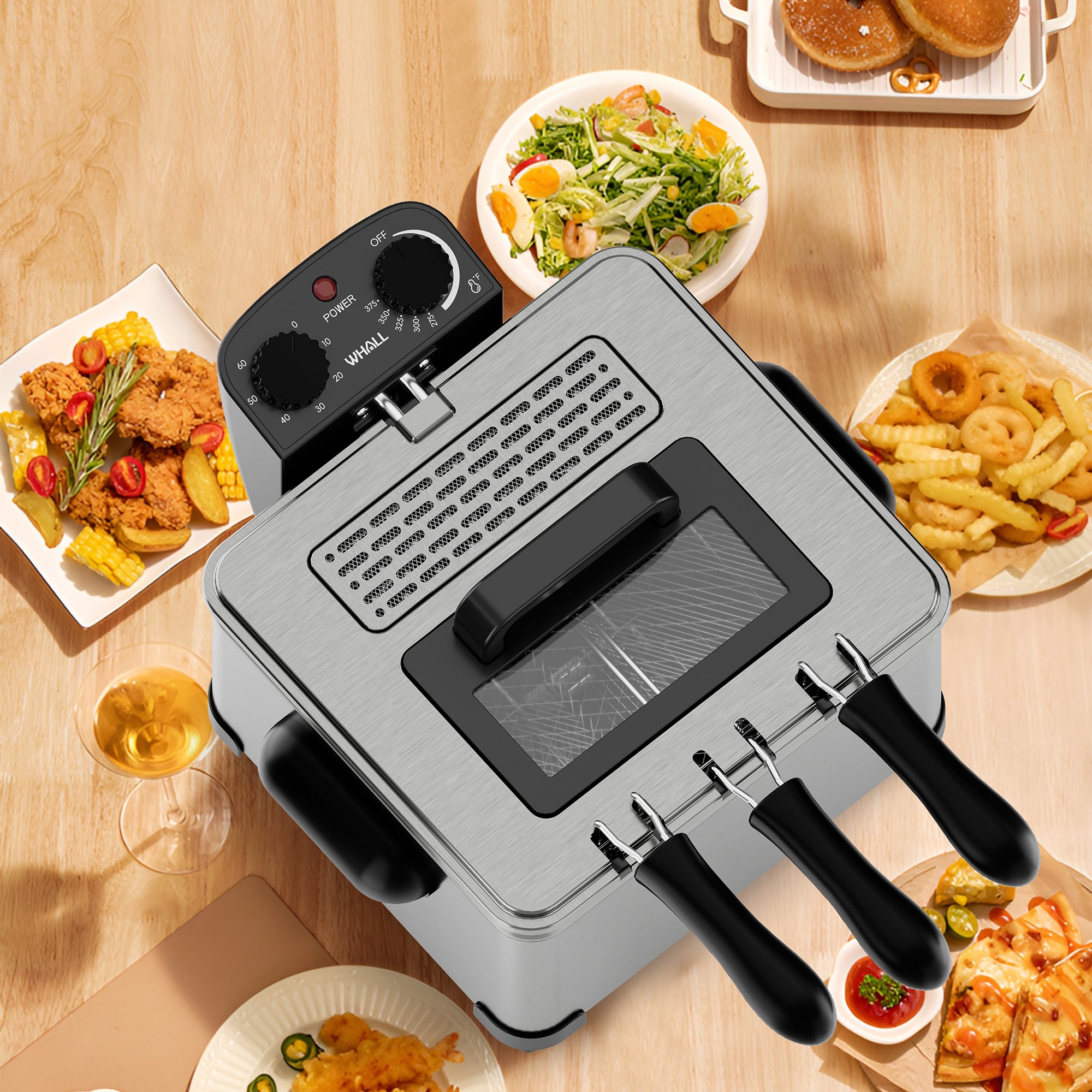 WHALL Deep Fryer with 3 Baskets, 5 L/21 Cups Oil Capacity, Temperature Control,Viewing window, Stainless Steel, 1700 W