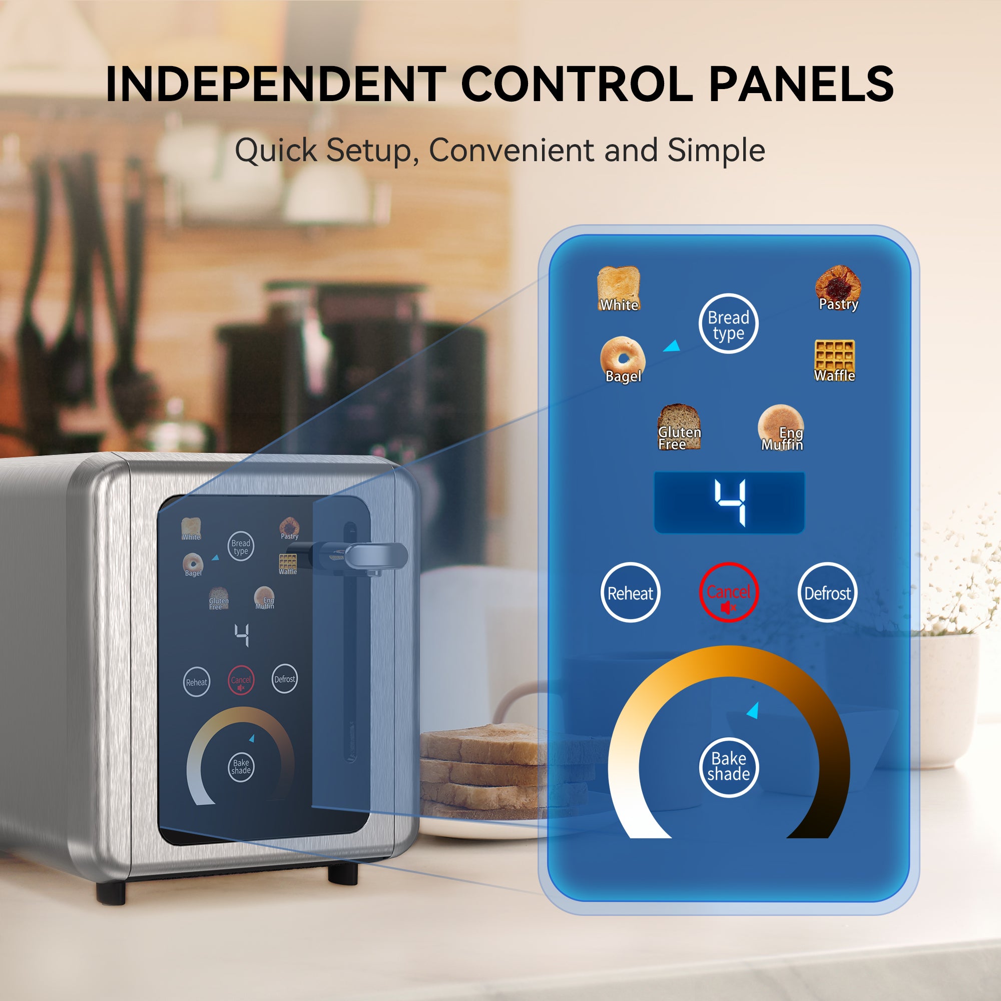 WHALL 2 Slice Touchscreen Toasters with Wide Slots, Bagel, Defrost,Reheat, Stainless Steel