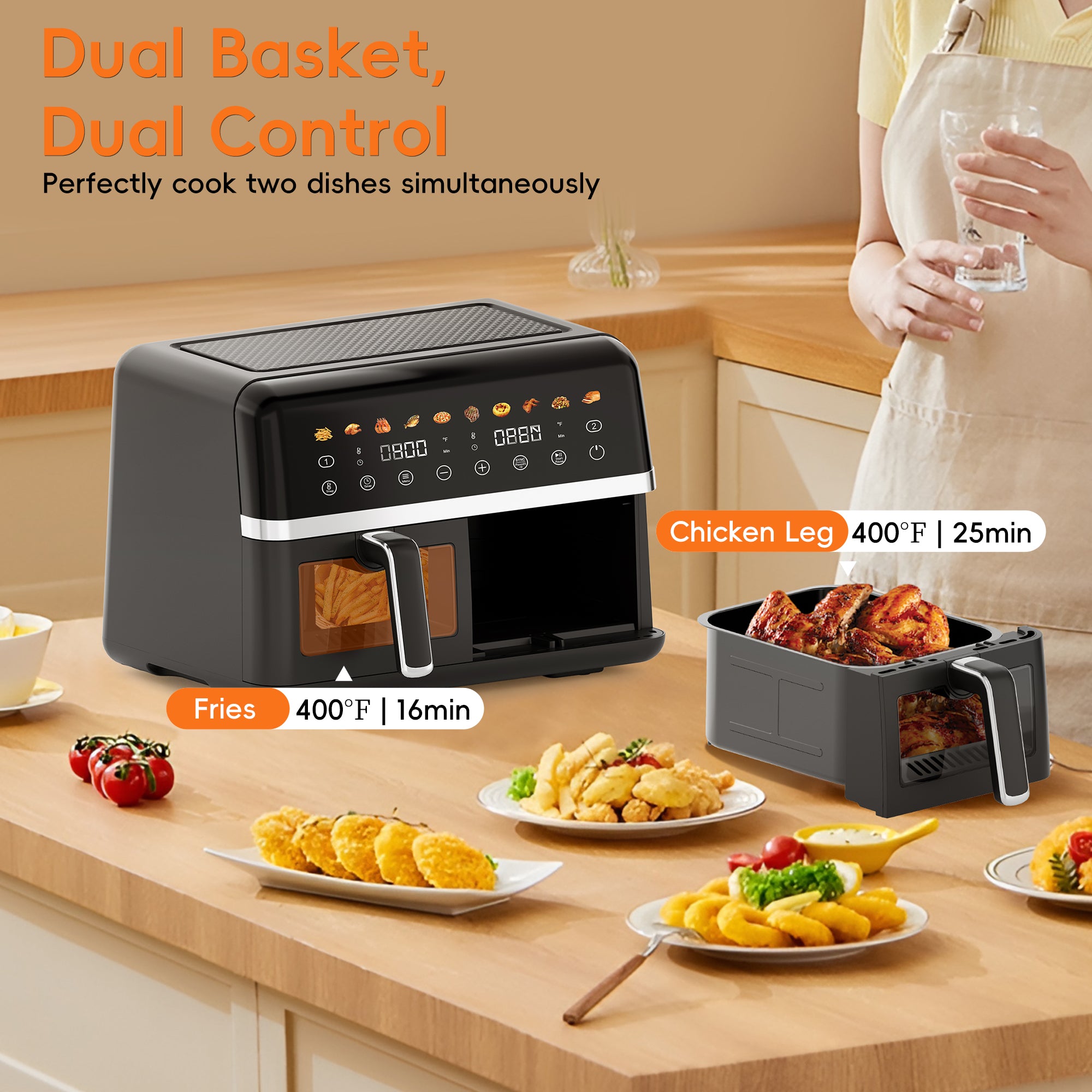WHALL Dual Basket Digital Air Fryer Oven with View Windows, 2 Independent 5 Qt Baskets, 1800W, New