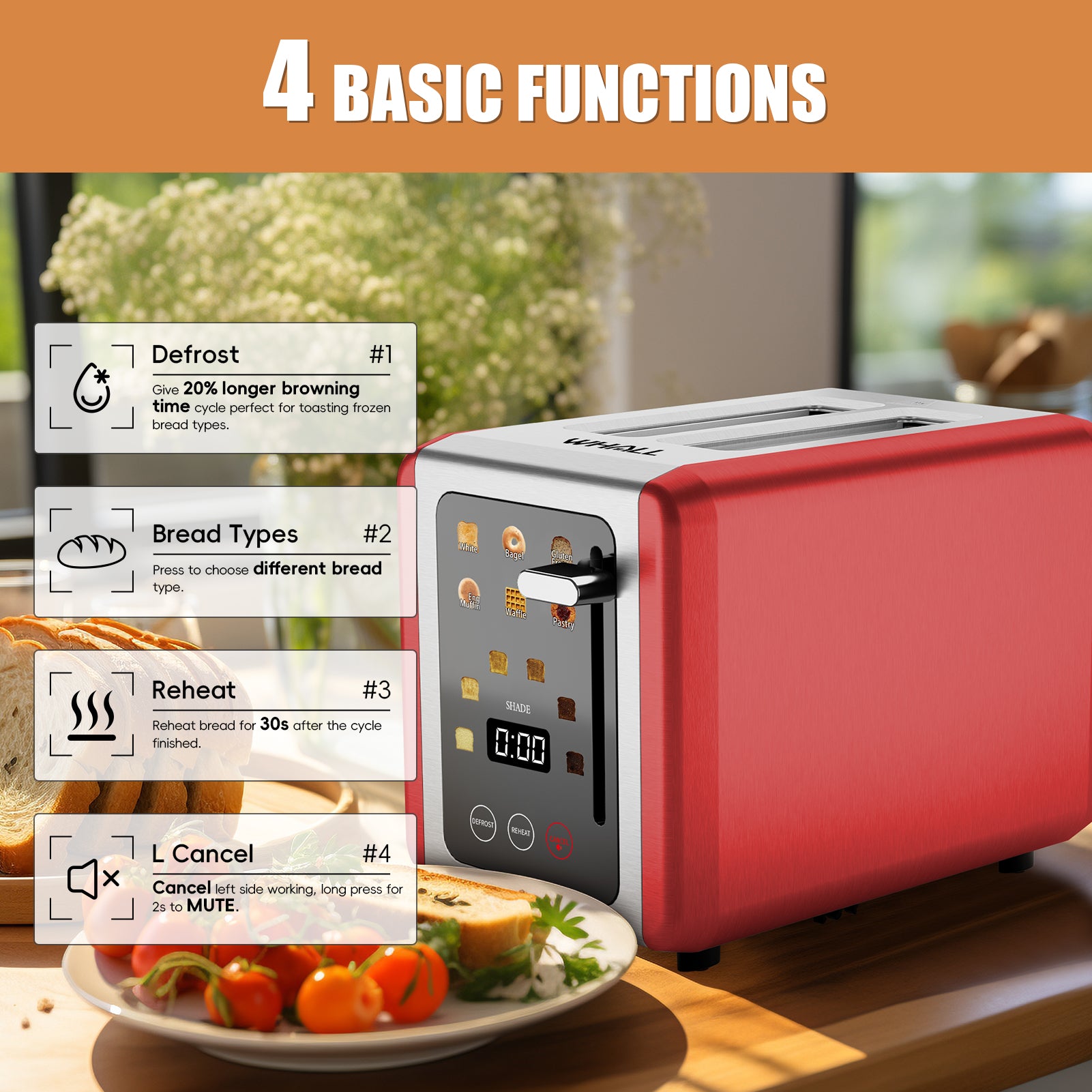 WHALLULTRA Touchscreen 2 Slice Toaster Stainless Steel, 1.5" Extra Wide Slots for Bagels & Thick Breads, Defrost Function, 850W Compact Kitchen Toaster, Red