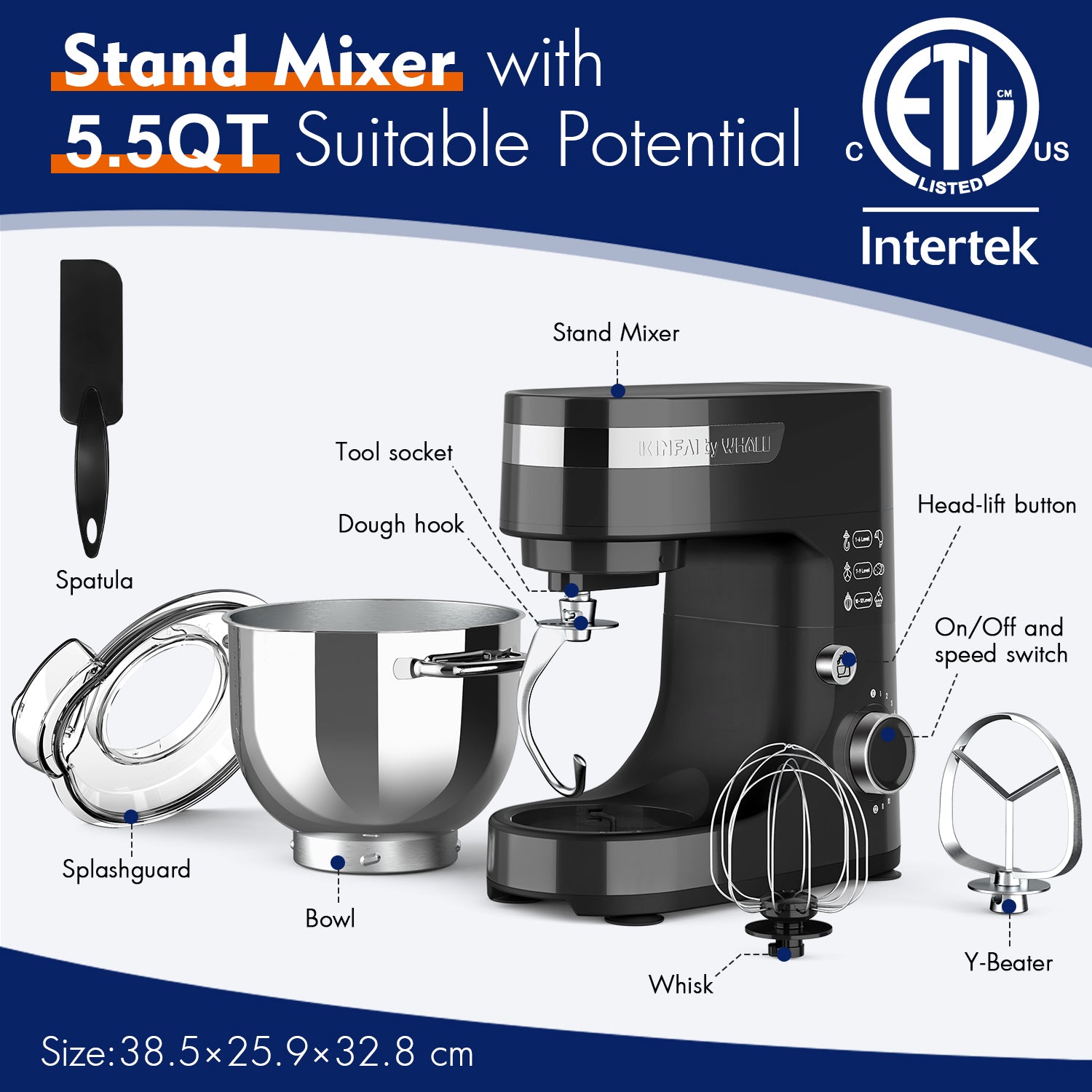 WHALL 12-Speed Tilt-Head Electric Stand Mixer – With Dough Hook, Wire Whip & Stainless Steel Bowl