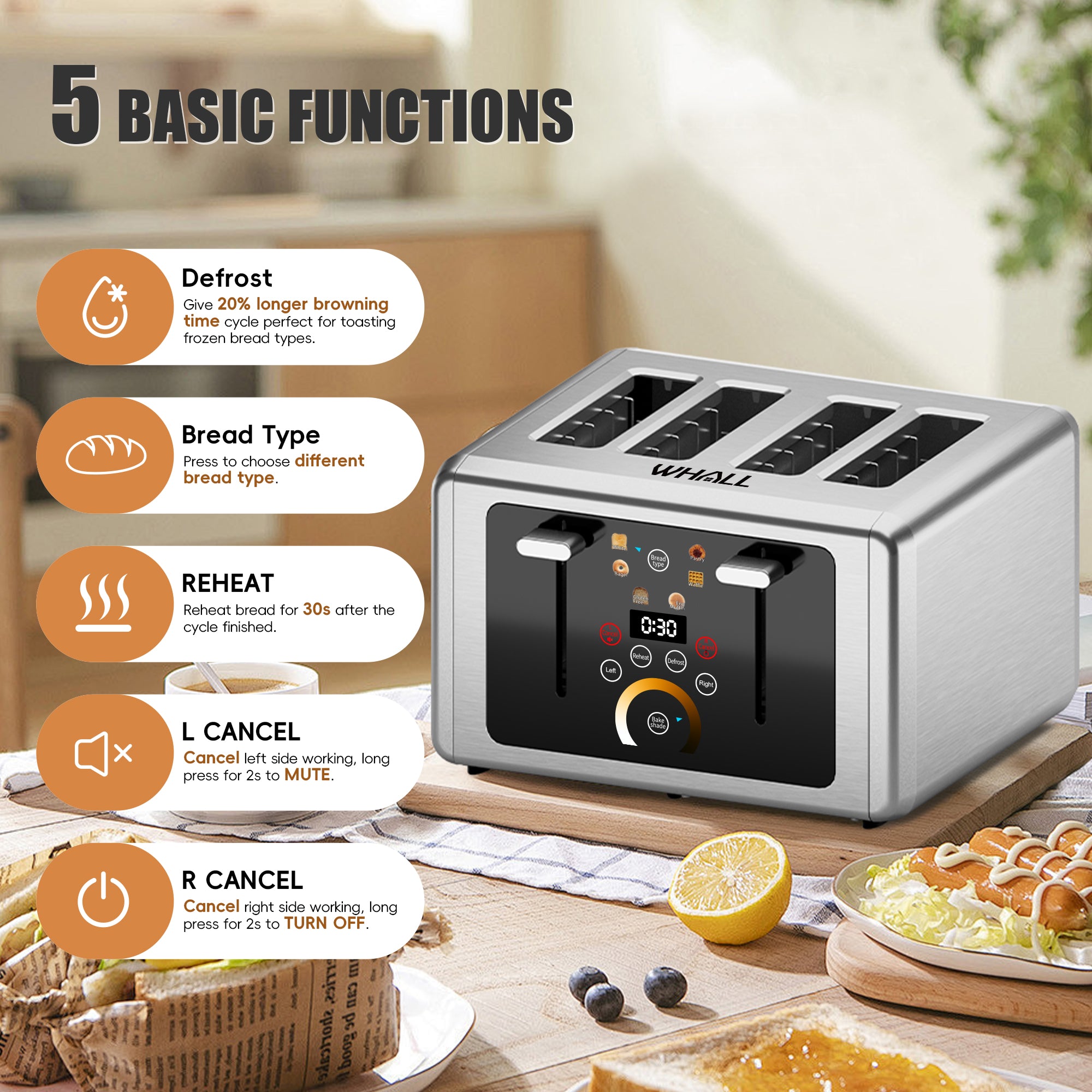 WHALL Stainless Steel Touchscreen Toaster 4 Slice, 6 Shade Settings, Bagel, Cancel, Defrost Functions