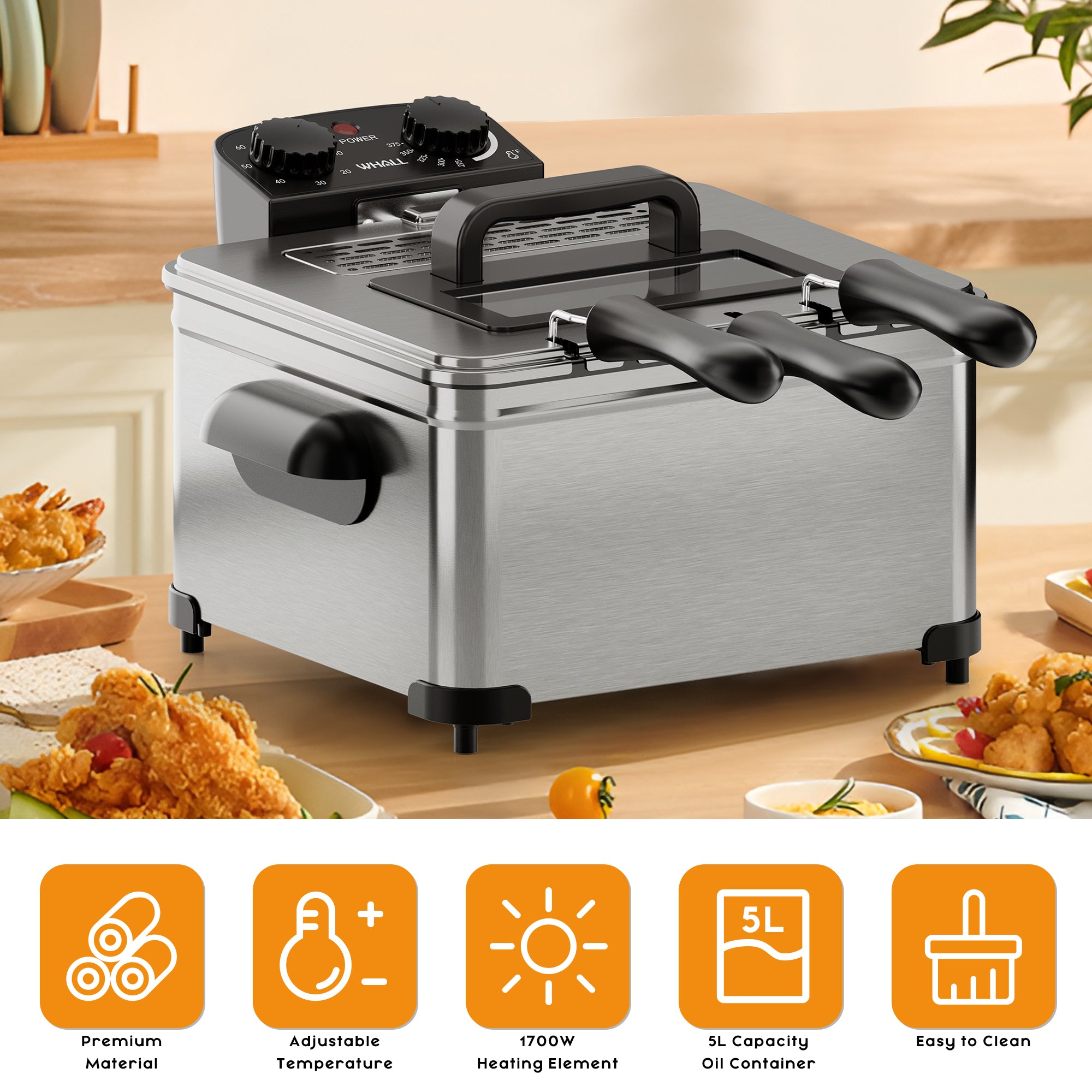 WHALL Deep Fryer with 3 Baskets, 5 L/21 Cups Oil Capacity, Temperature Control,Viewing window, Stainless Steel, 1700 W