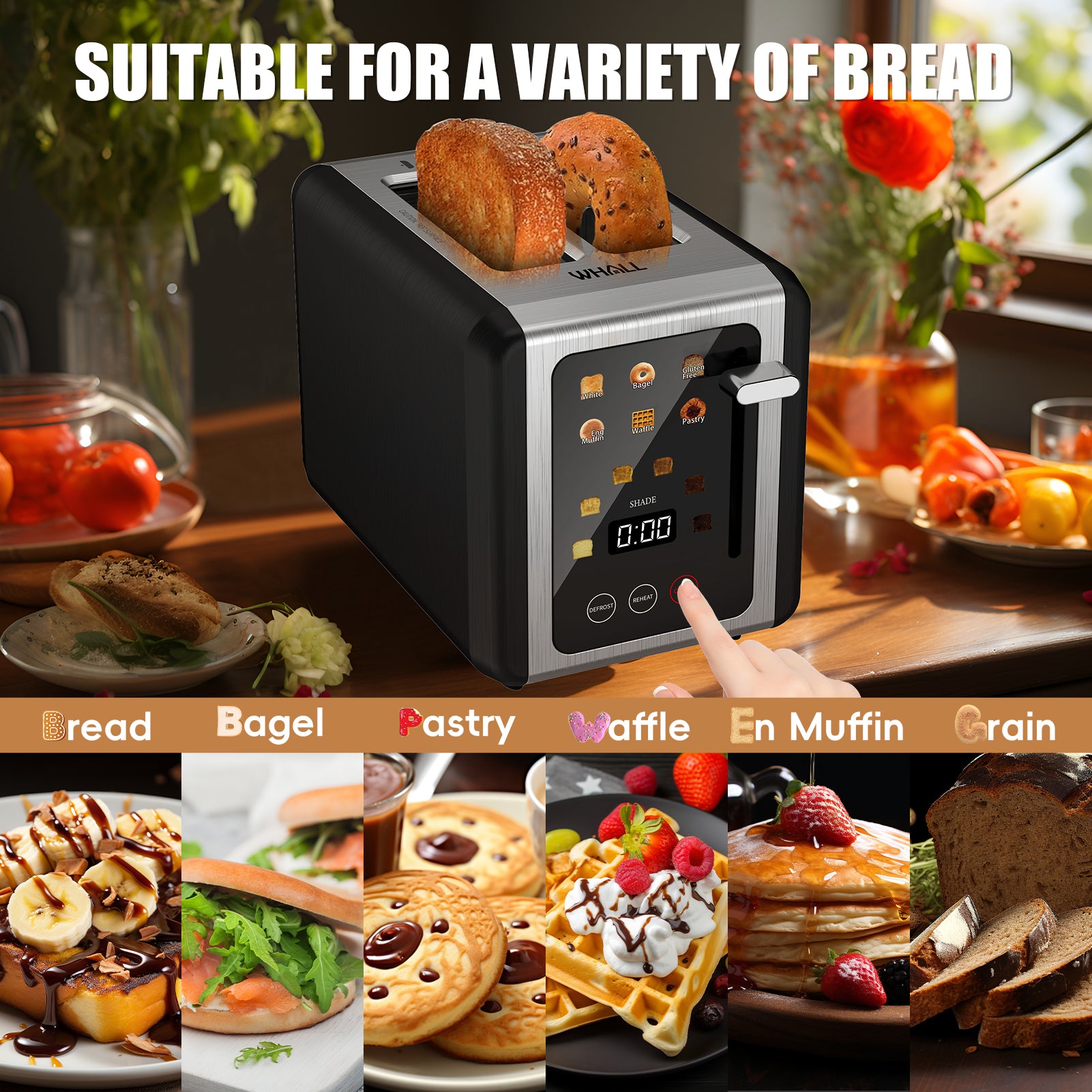 WHALLULTRA 2 Slice Touchscreen Toaster - 1.5" Wide Slots, Stainless Steel Body, Bagel/Defrost Modes, 850W Efficient Toaster, Black