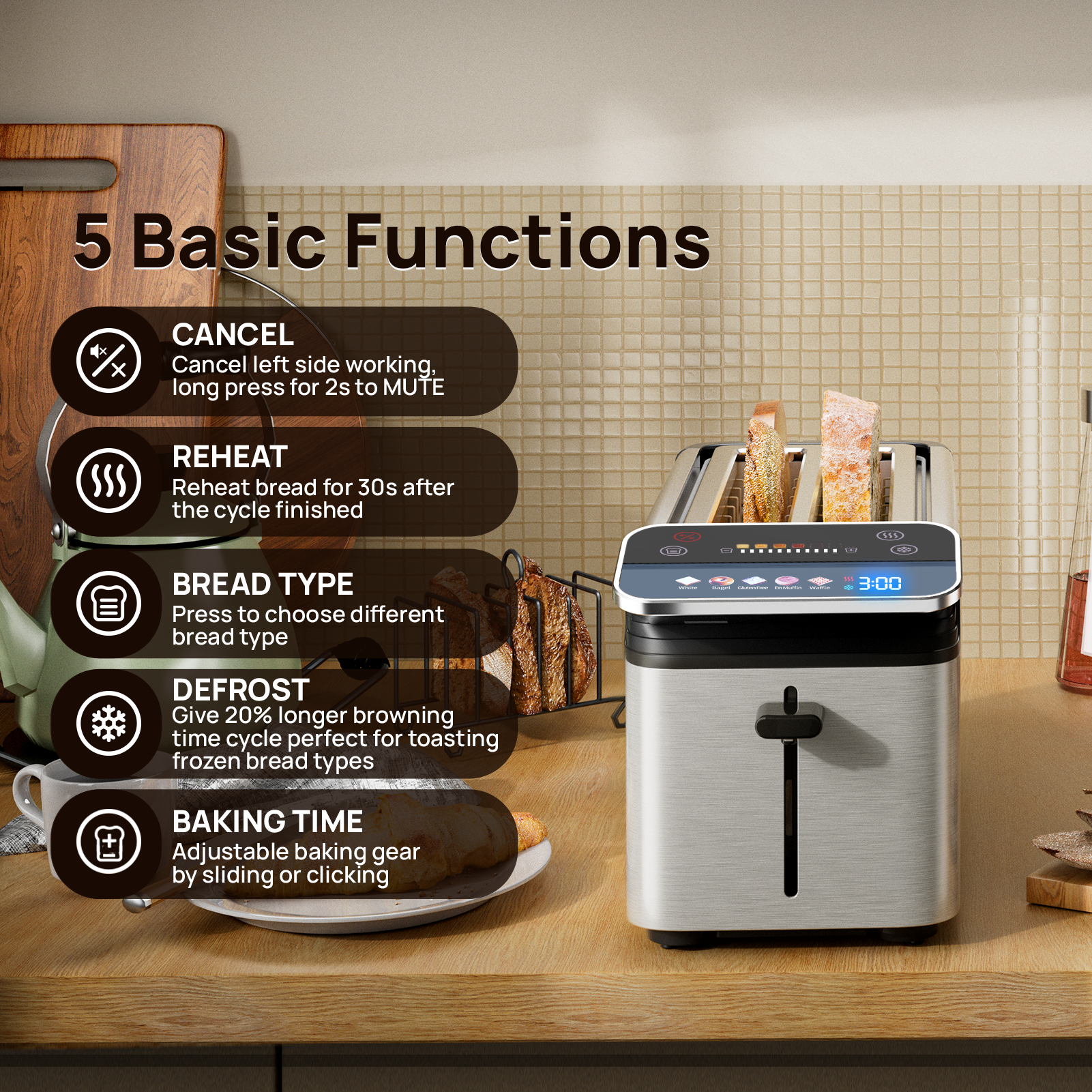 WHALLULTRA 4 Slice Toaster, TouchScreen Toasters with Projection Display, Long Extra-Wide Slots, Bagle / Reheat/Defrost Stainless Steel
