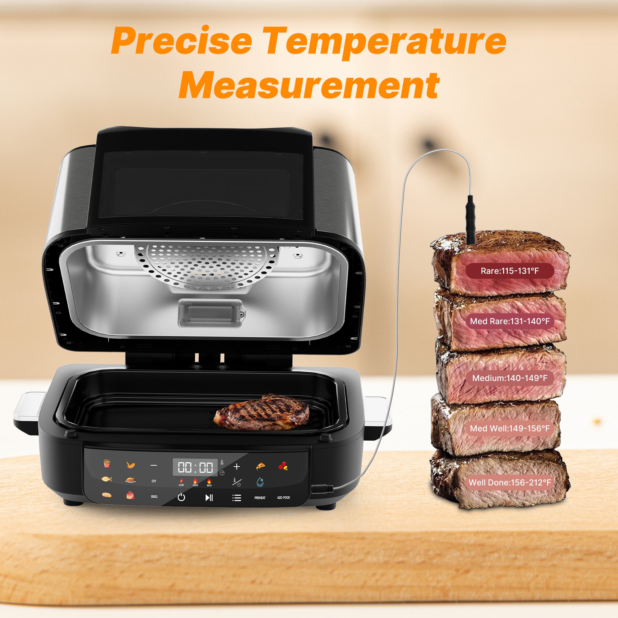 WHALL Indoor Grill 12-in-1 with Air Fry, Roast, Bake, Broil, Pizza, BBQ, Dehydrate, 1800W, Black