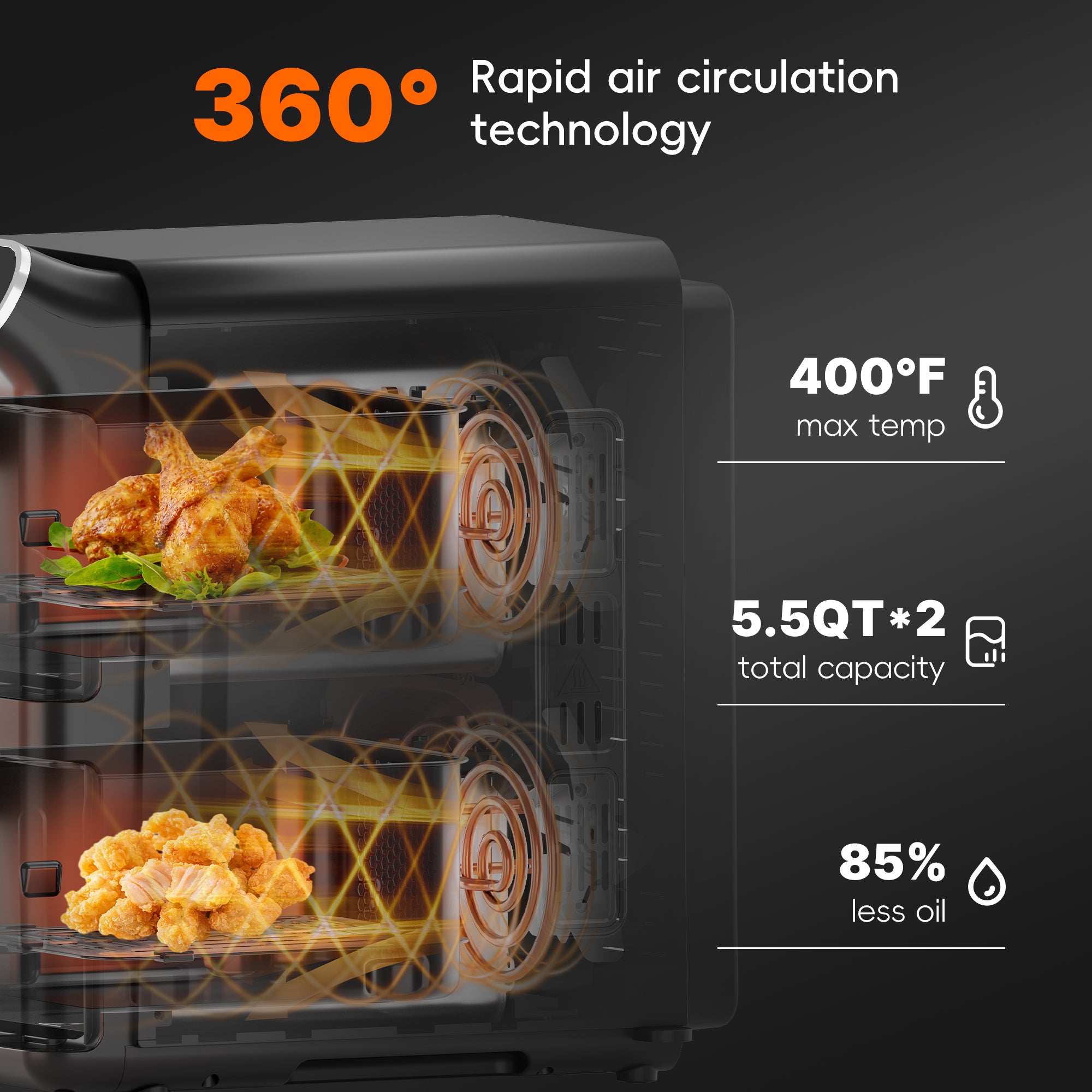 WHALL Dual Basket Digital Air Fryer Oven with View Windows, 2 Independent 5.5 Qt Baskets, 1650W, New