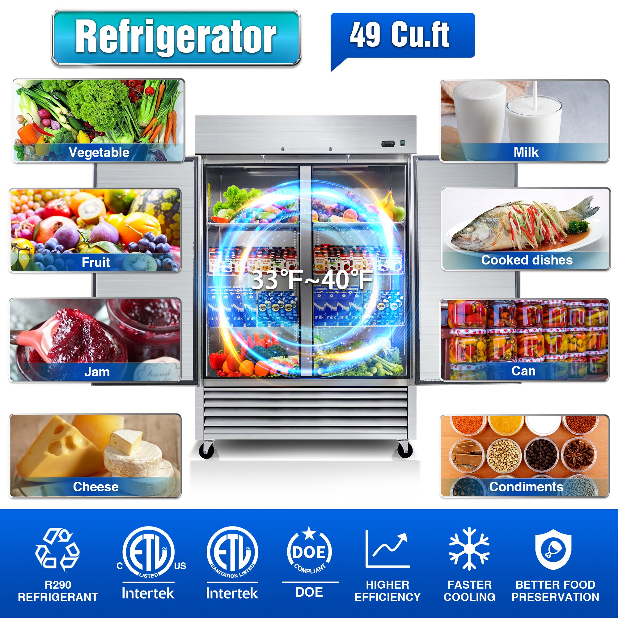WHALL 54" Commercial Refrigerator 49 Cu.ft with 2 Solid Door Reach-In Refrigerators Stainless Steel ETL Approved Upright Fridge Storage