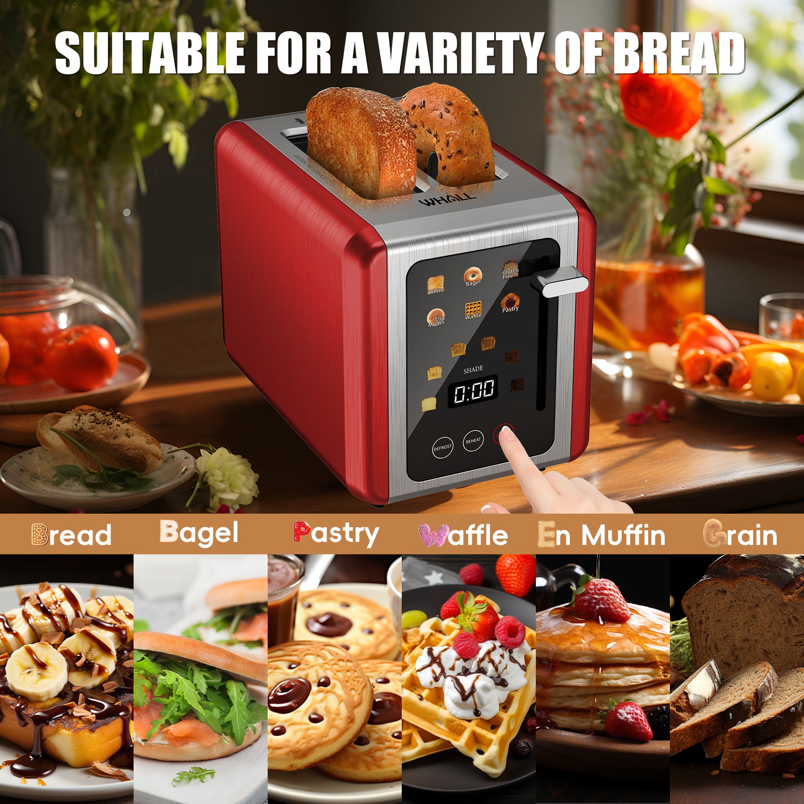 WHALLULTRA Touchscreen 2 Slice Toaster Stainless Steel, 1.5" Extra Wide Slots for Bagels & Thick Breads, Defrost Function, 850W Compact Kitchen Toaster, Red