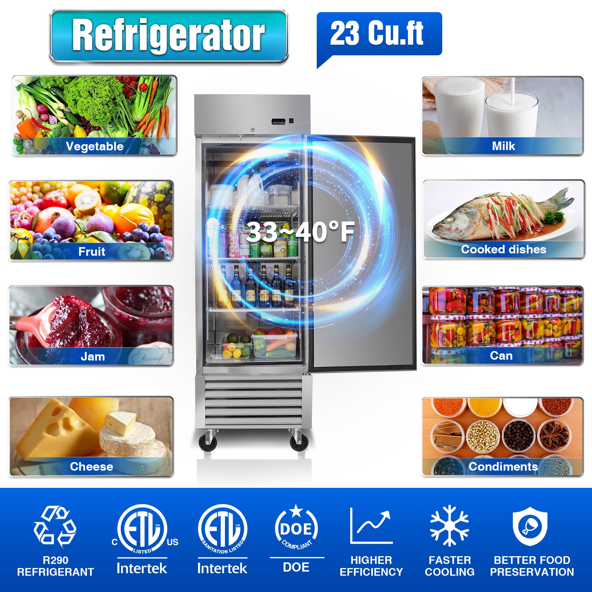 WHALL 27" Commercial Refrigerator 23 Cu.ft with 1 Solid Door Reach-In Refrigerators Stainless Steel ETL Approved Upright Fridge Storage