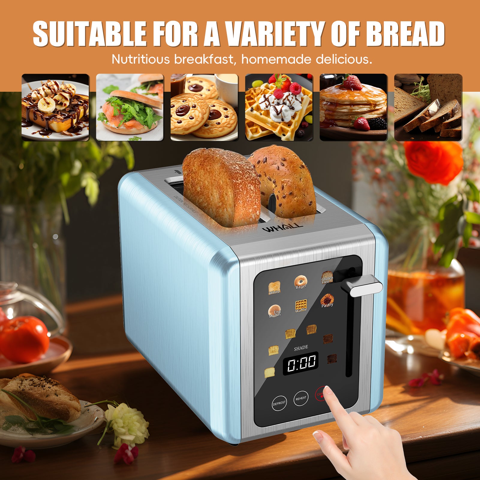WHALLULTRA 2-Slice Touchscreen Toaster, Stainless Steel, 1.5" Wide Slots, Bagel/Defrost, 850W, Blue
