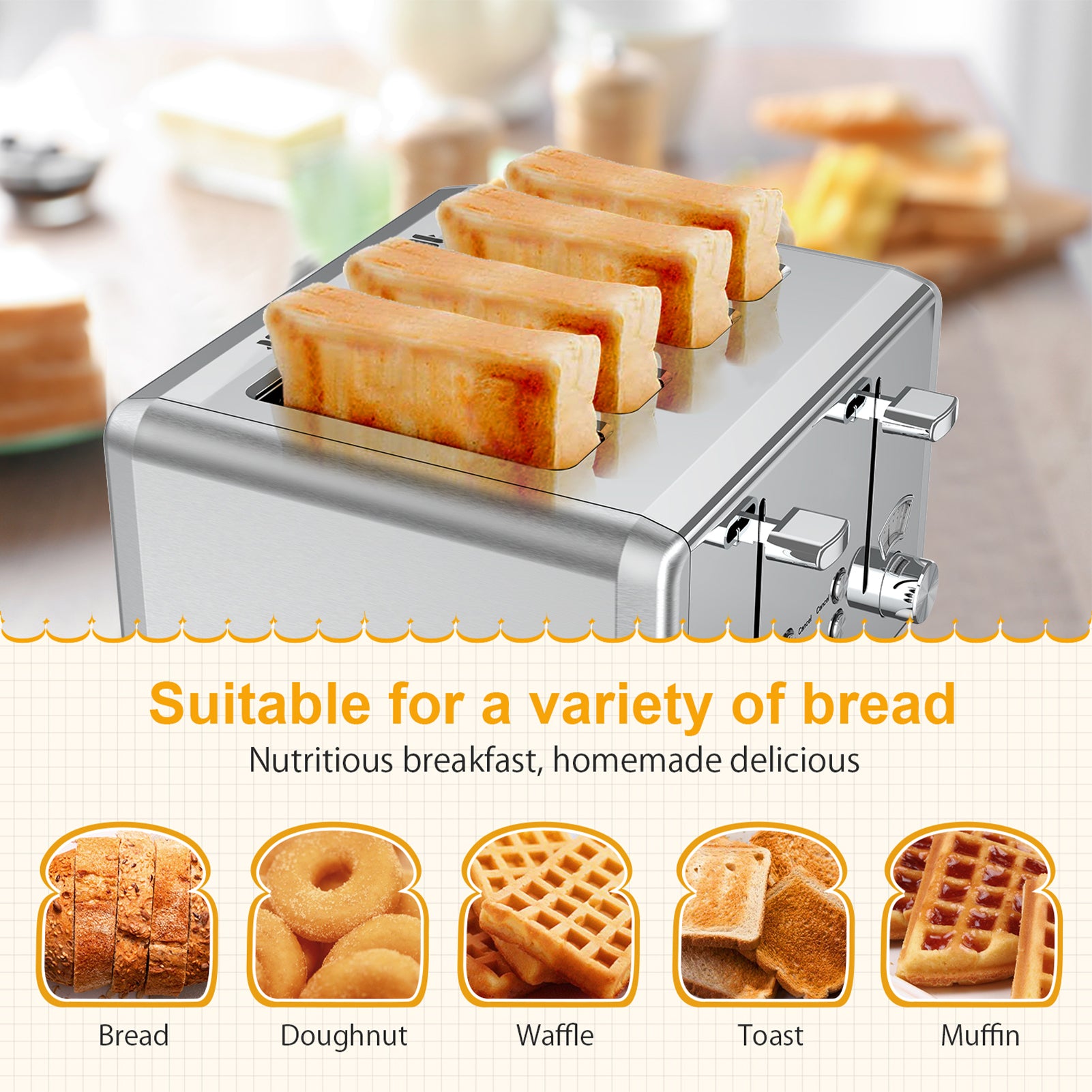 WHALL 4 Slice Toaster - Stainless Steel Bagel Toaster with Dual Control Panels, 6 Shade Settings,Silver