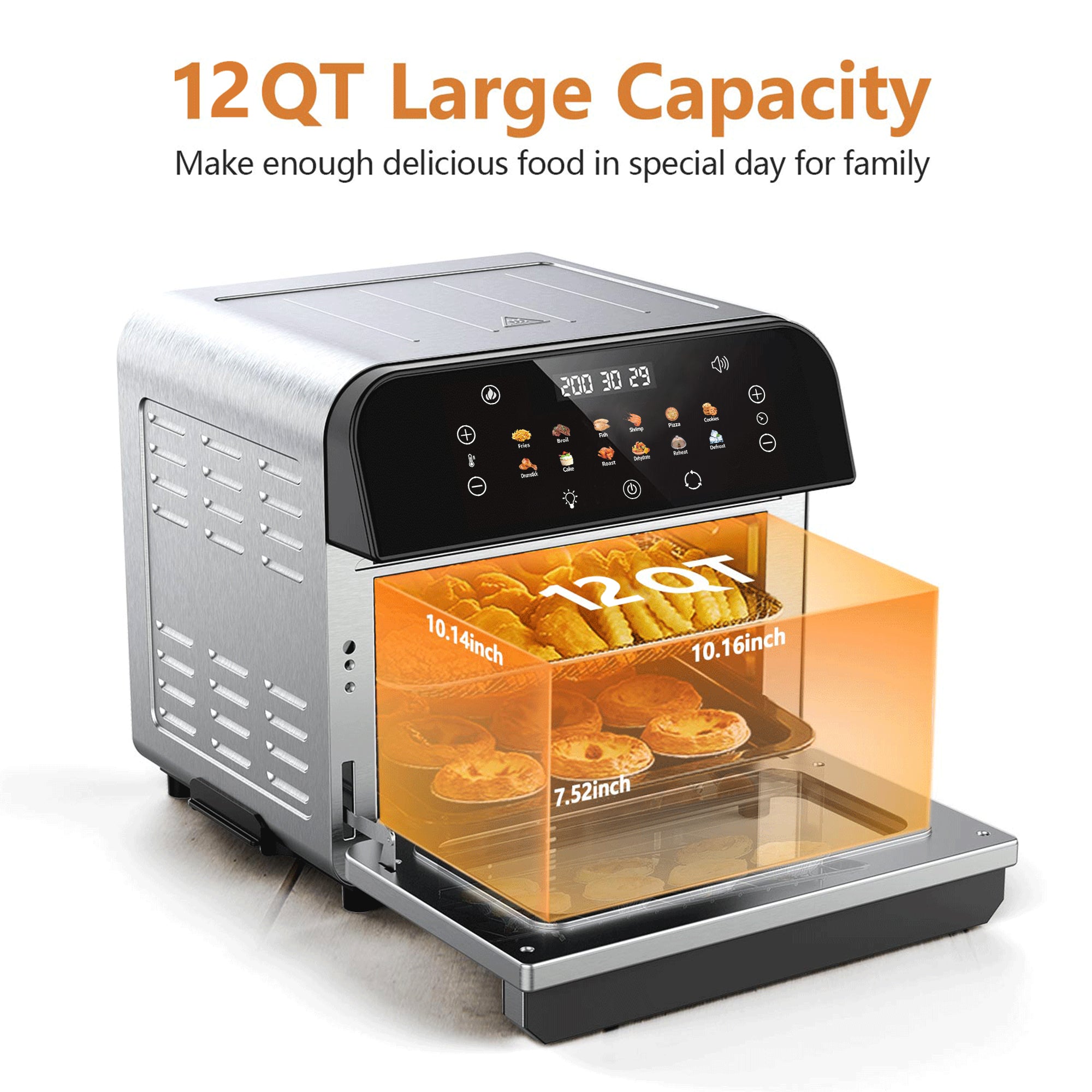 WHALL 12QT Touchscreen Air Fryer Toaster Oven, 12 Pre-set Menus, Clear Window, Less Oil