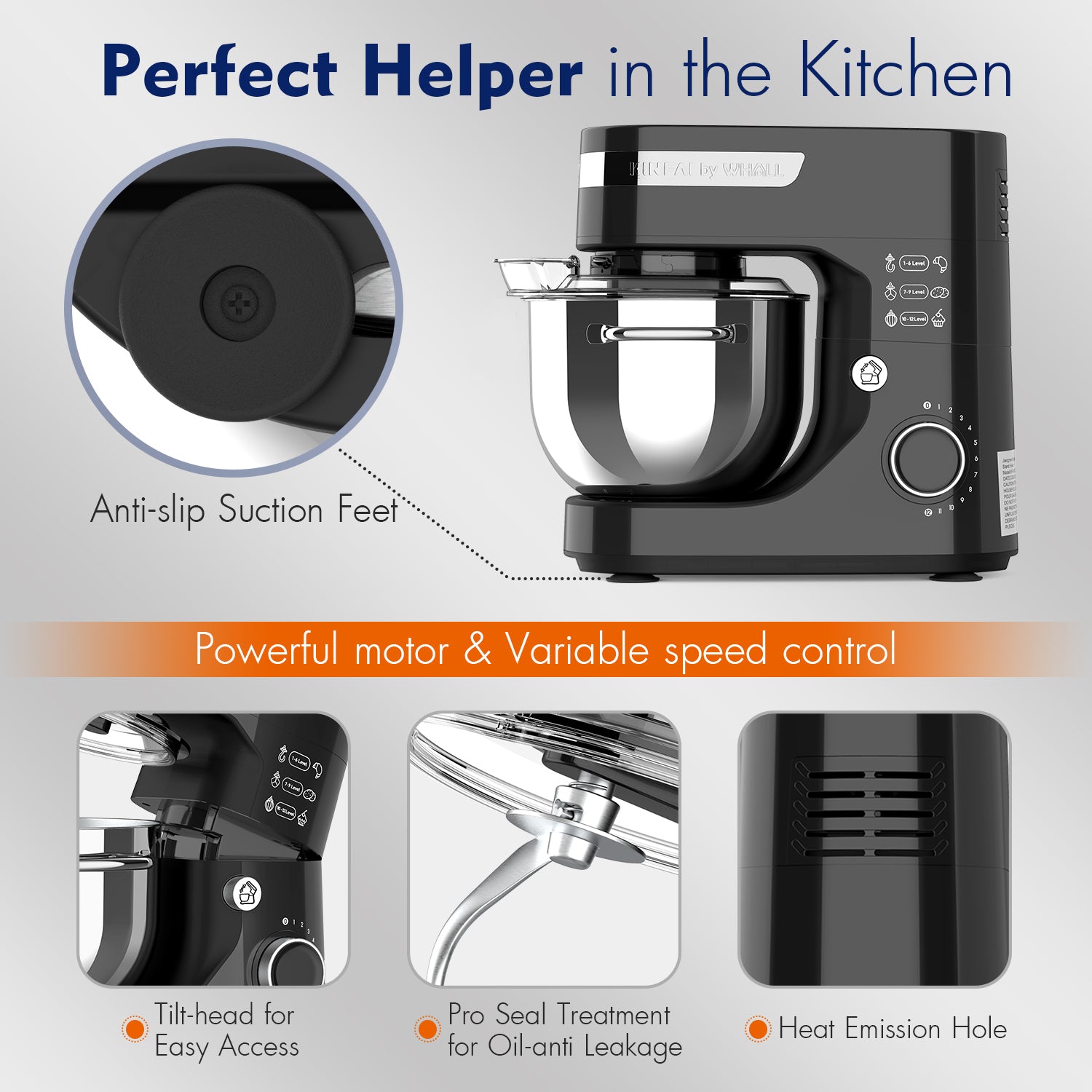 WHALL 12-Speed Tilt-Head Electric Stand Mixer – With Dough Hook, Wire Whip & Stainless Steel Bowl