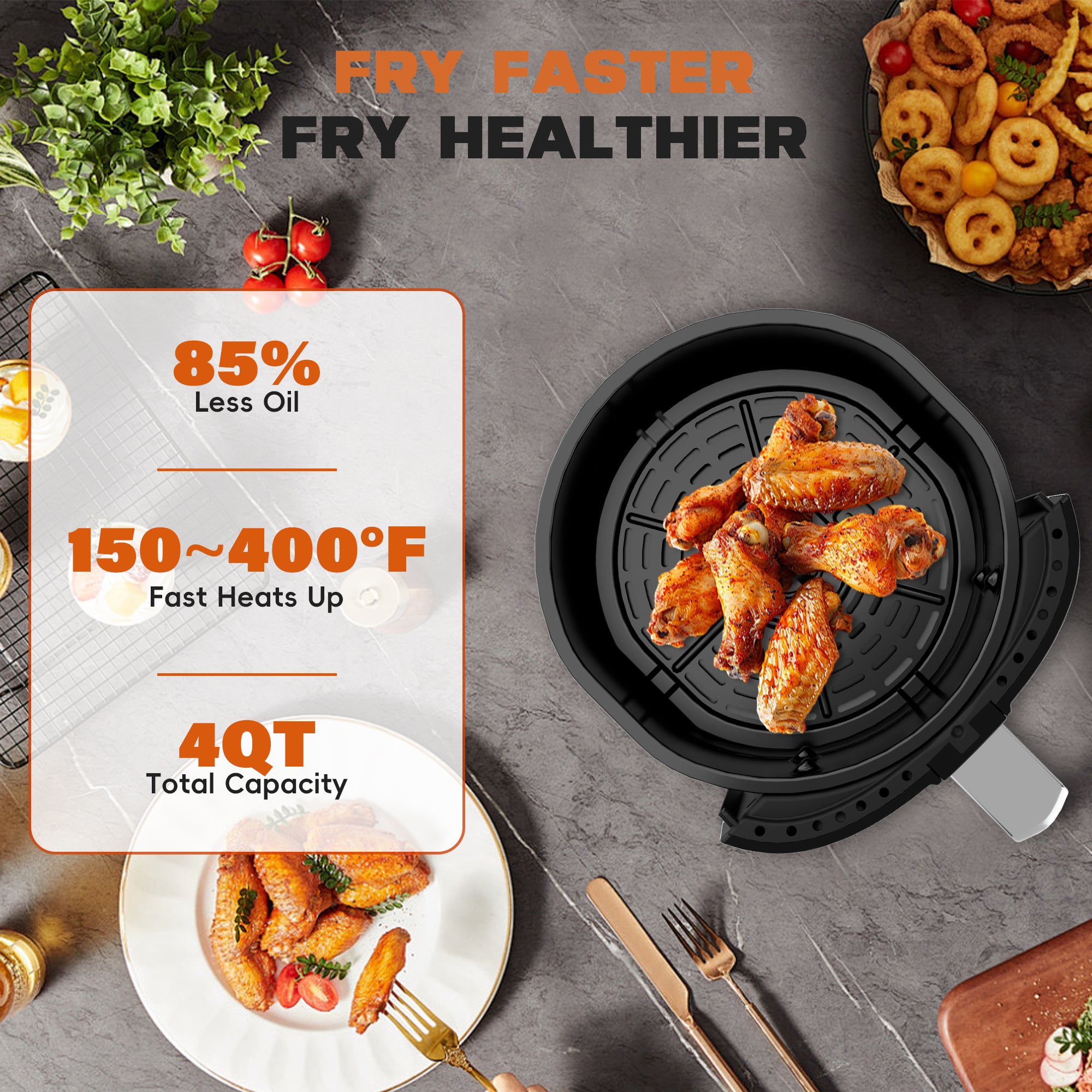WHALL Air Fryer, Roast, Bake, Air Fry, Roast, Broil, Reheats, & Dehydrates, 4-in-1, Fries,  Less Oil, Easy Meals, 4 QT