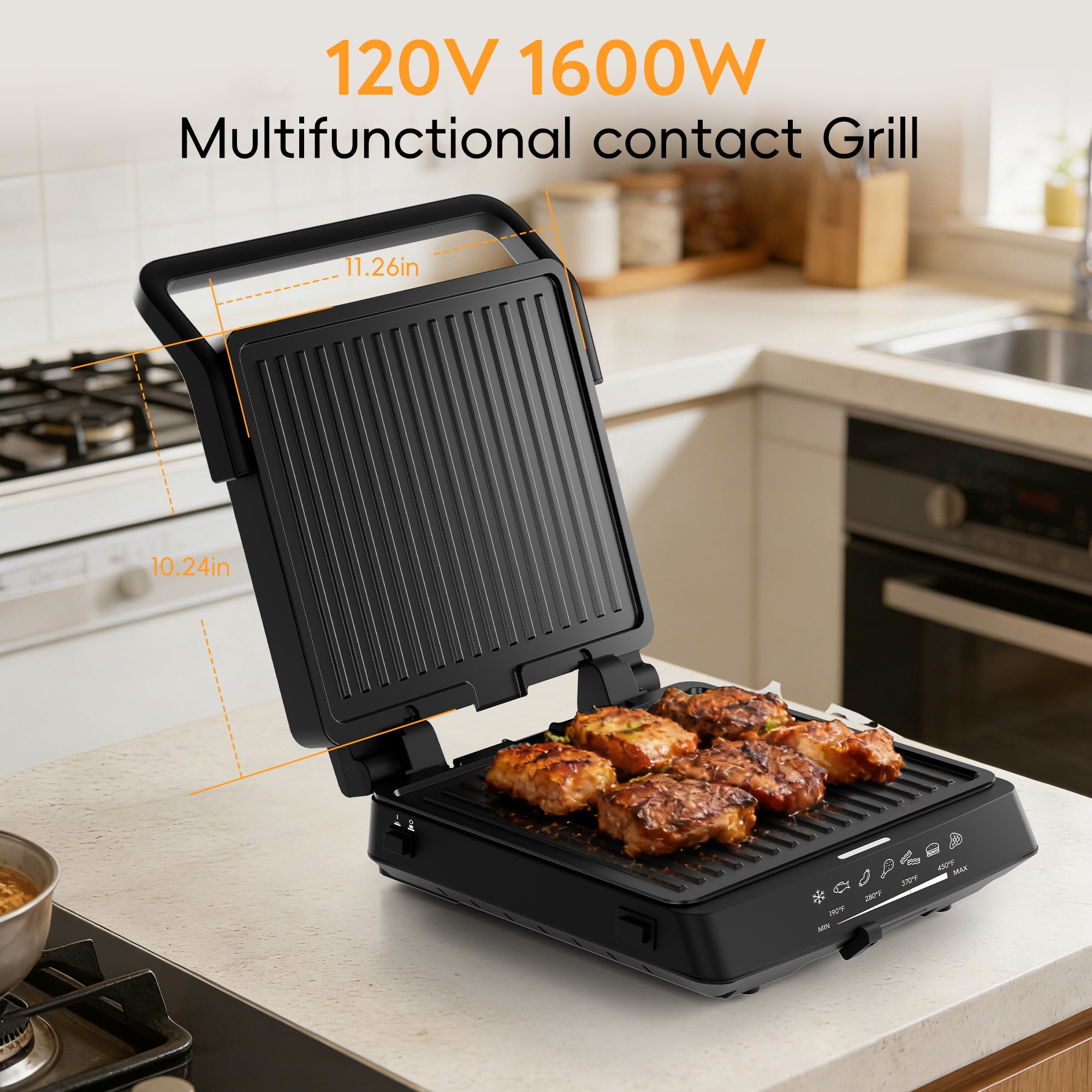 WHALL 4‑in‑1 Indoor Grill & Griddle, 1600W, Opens Flat, Removable Non‑Stick Plates