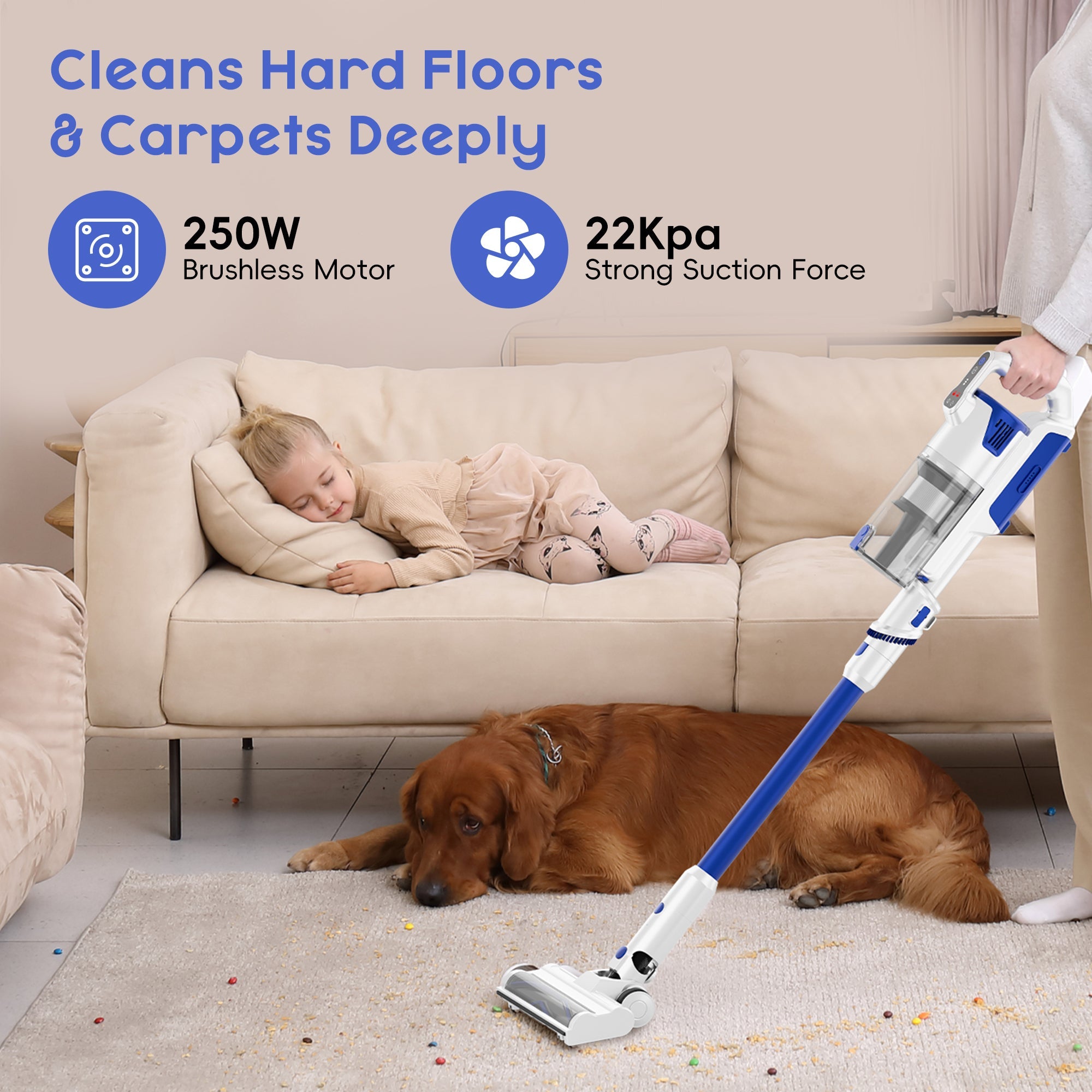 WHALL Stick Vacuum Cleaner, Handheld Vacuum Cleaner, Cordless Vacuum Cleaner, Brushless Motor, LED Display