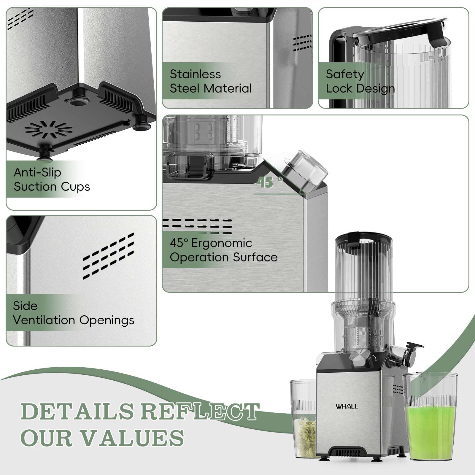 WHALL Cold Press Juicer Machine, Slow Masticating Machines with 4" Extra Large Feed Chute, Reverse Function, Soft & Hard Models 180W