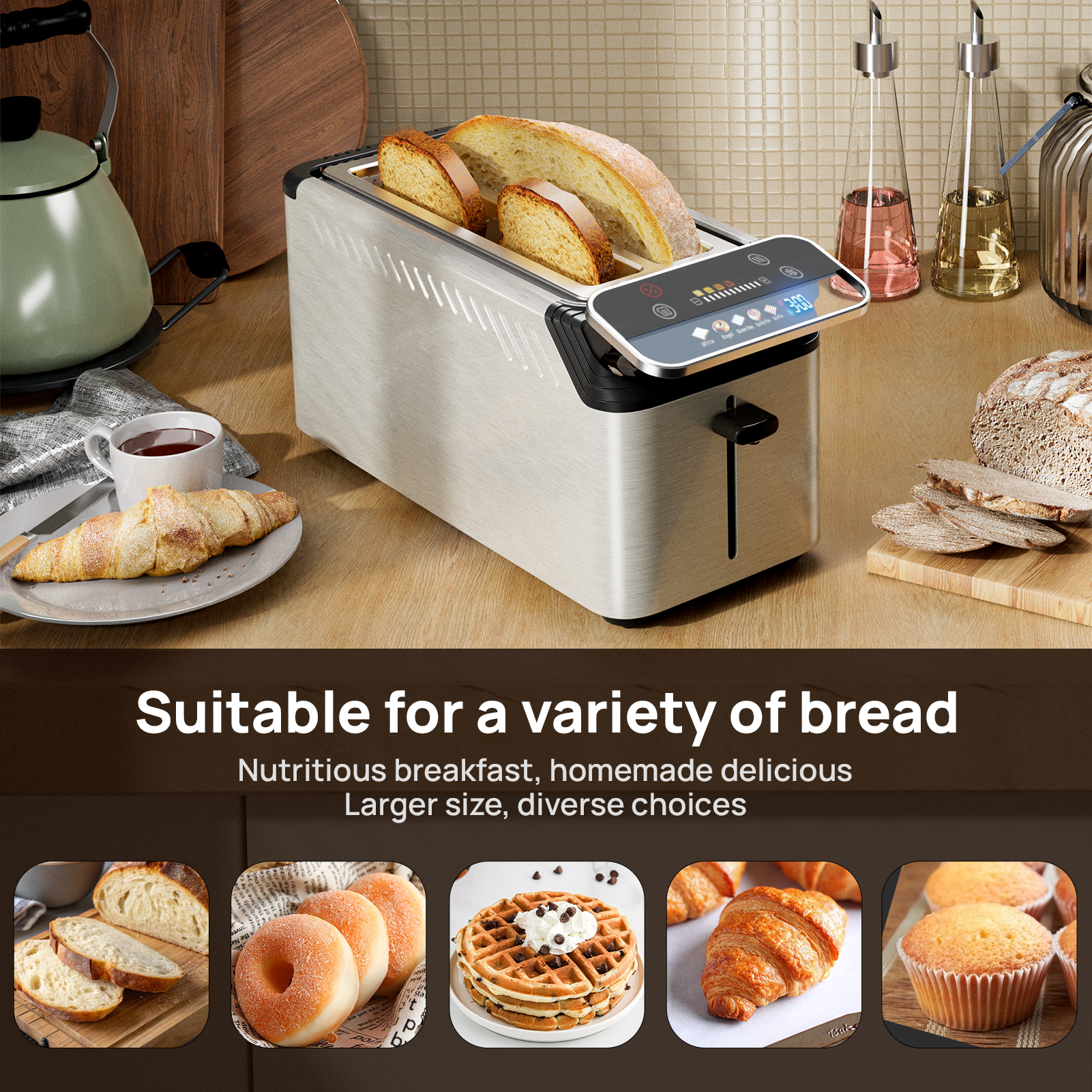 WHALLULTRA 4 Slice Toaster, TouchScreen Toasters with Projection Display, Long Extra-Wide Slots, Bagle / Reheat/Defrost Stainless Steel