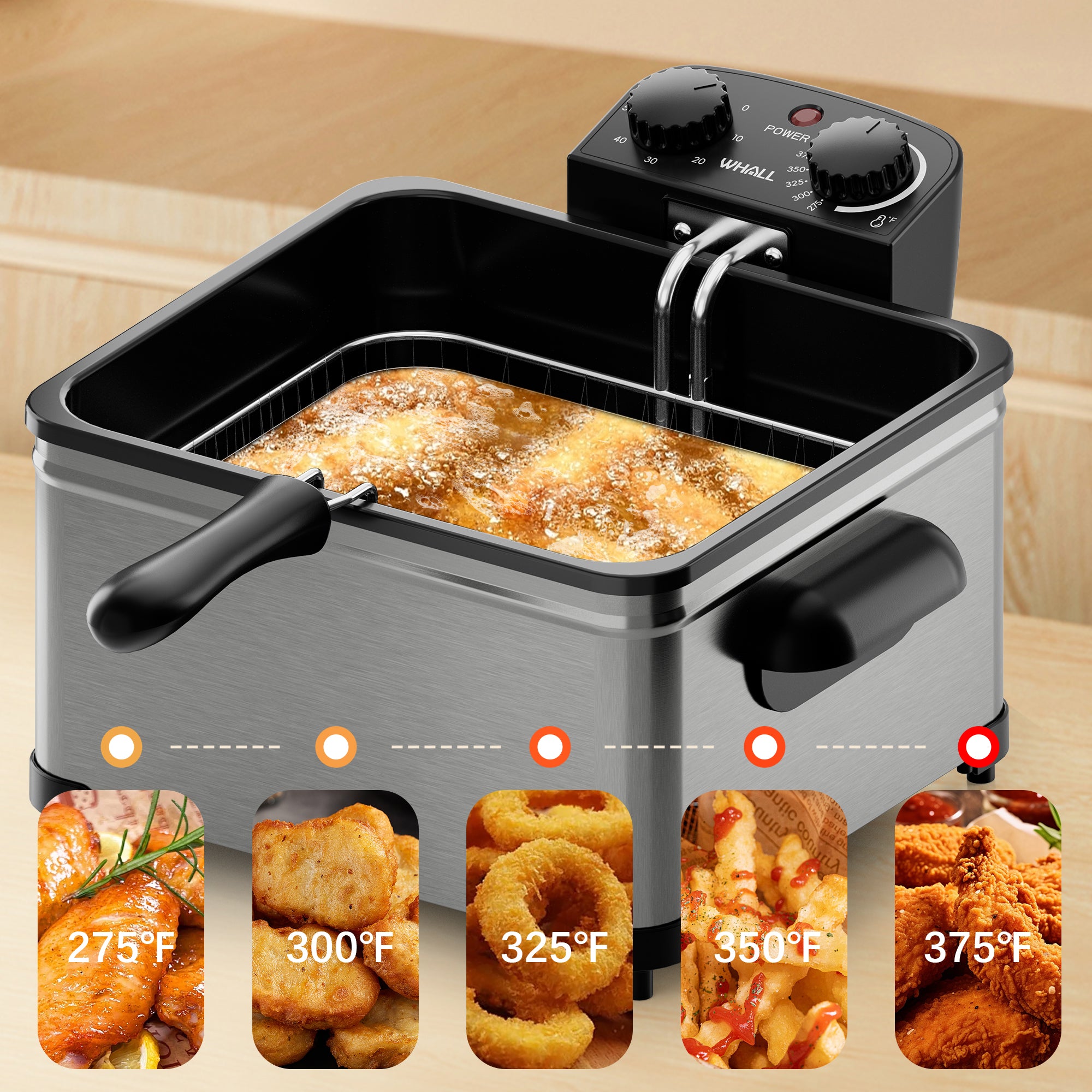 WHALL Deep Fryer with 3 Baskets, 5 L/21 Cups Oil Capacity, Temperature Control,Viewing window, Stainless Steel, 1700 W