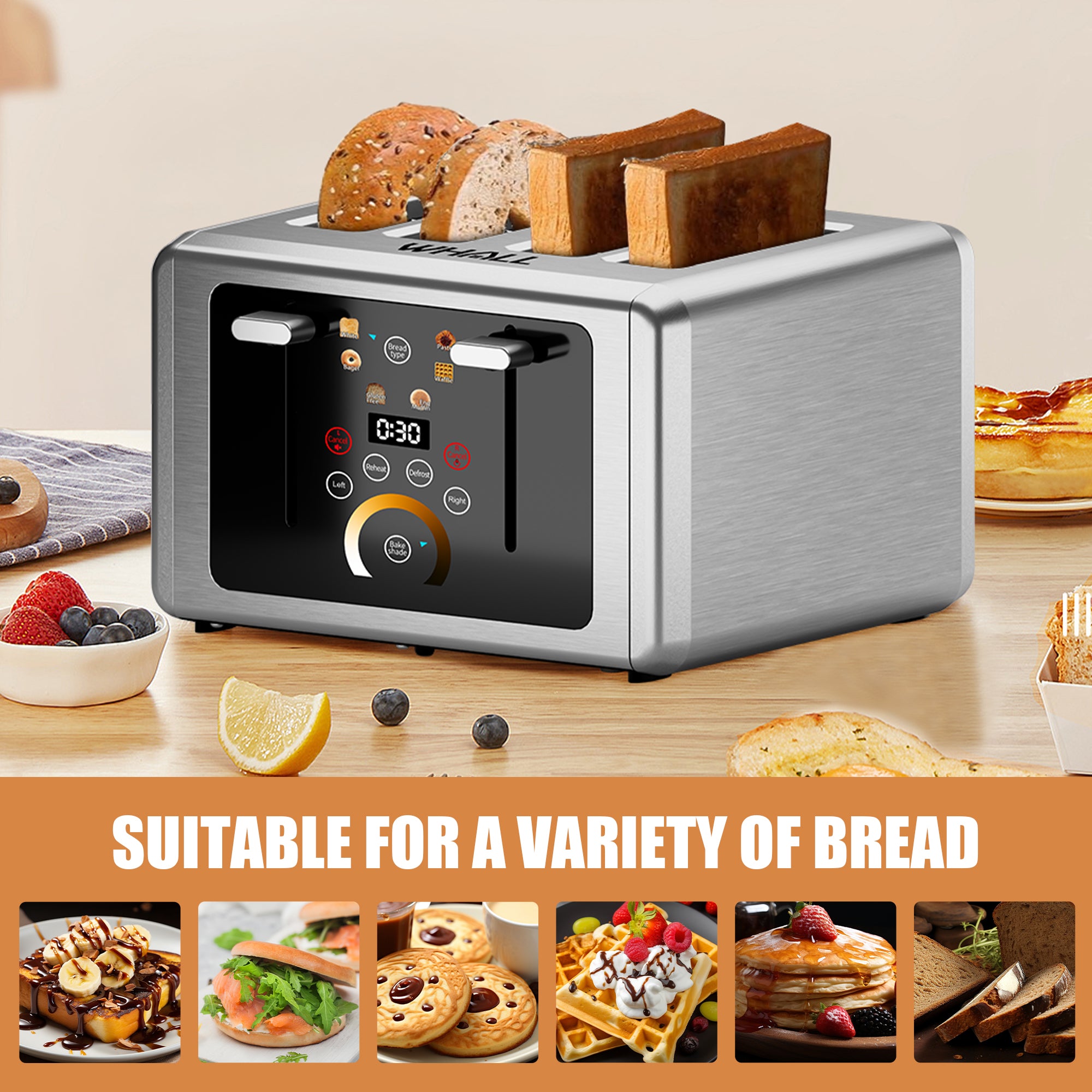 WHALL Stainless Steel Touchscreen Toaster 4 Slice, 6 Shade Settings, Bagel, Cancel, Defrost Functions