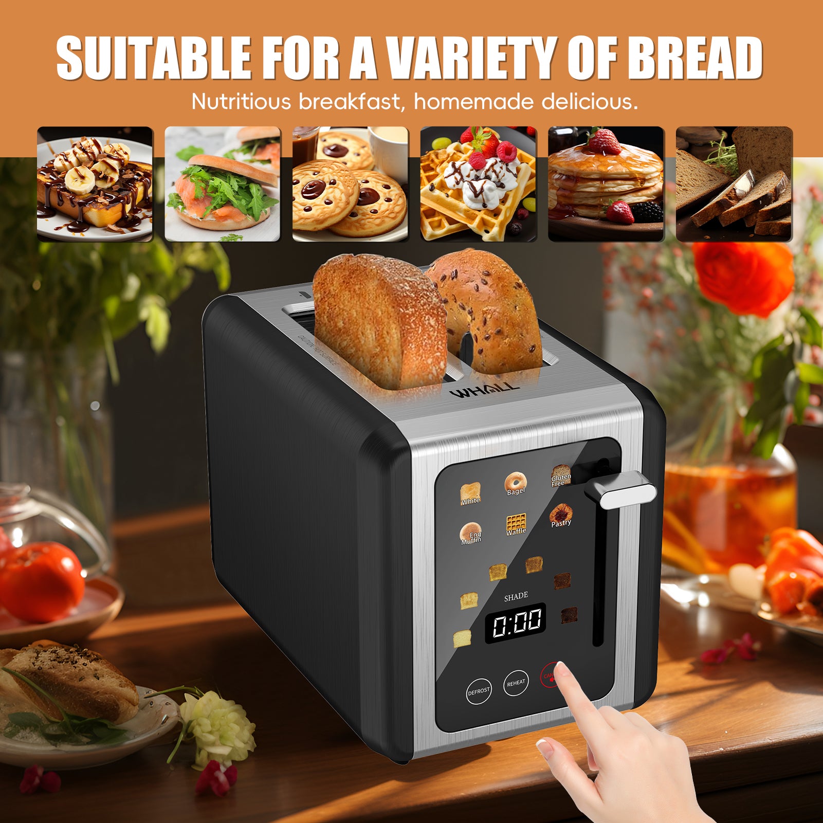 WHALLULTRA 2 Slice Touchscreen Toaster - 1.5" Wide Slots, Stainless Steel Body, Bagel/Defrost Modes, 850W Efficient Toaster, Black