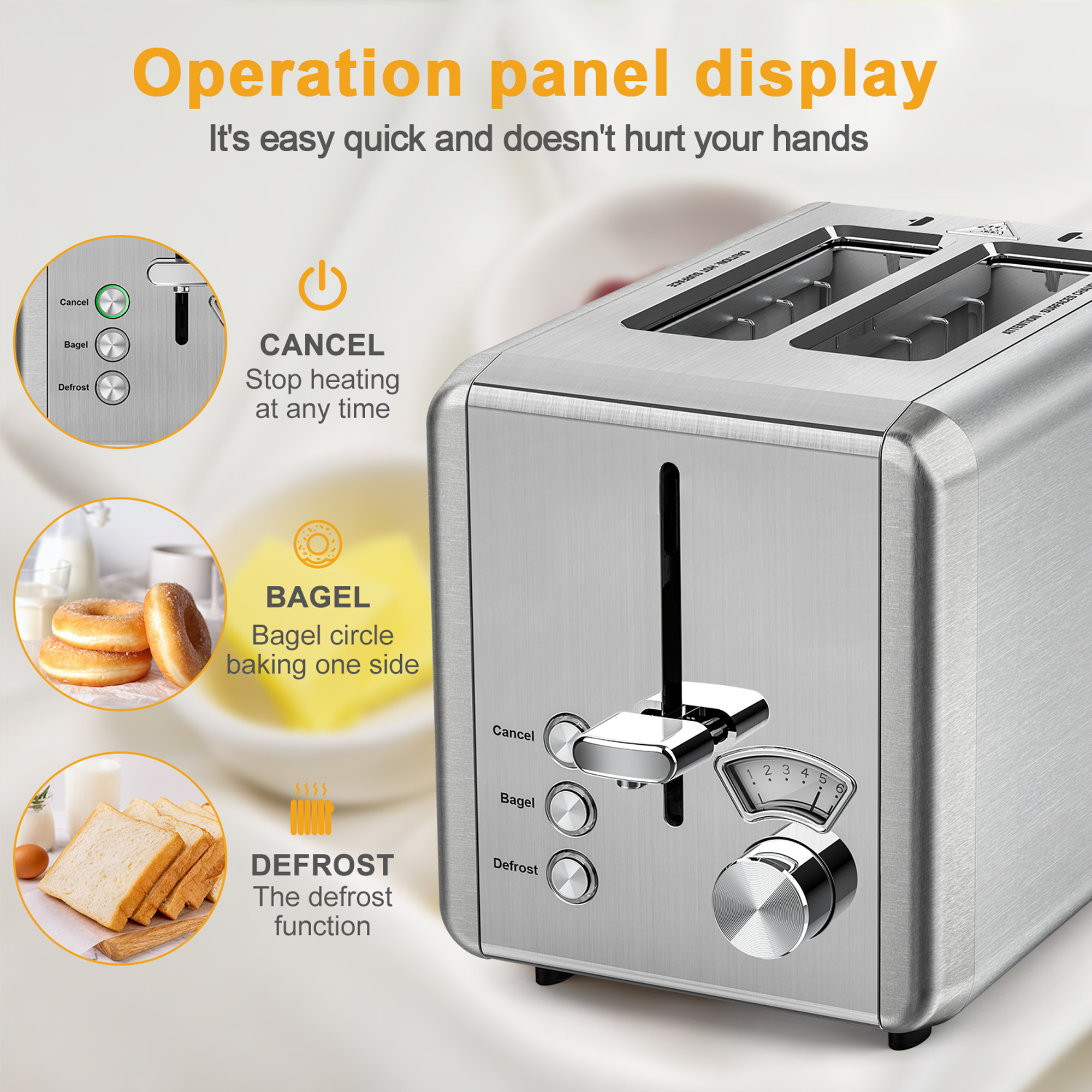 WHALL 2 Slice Toaster - Stainless Steel Toaster with Wide Slot, 6 Shade Settings, Bagel Function, Silver