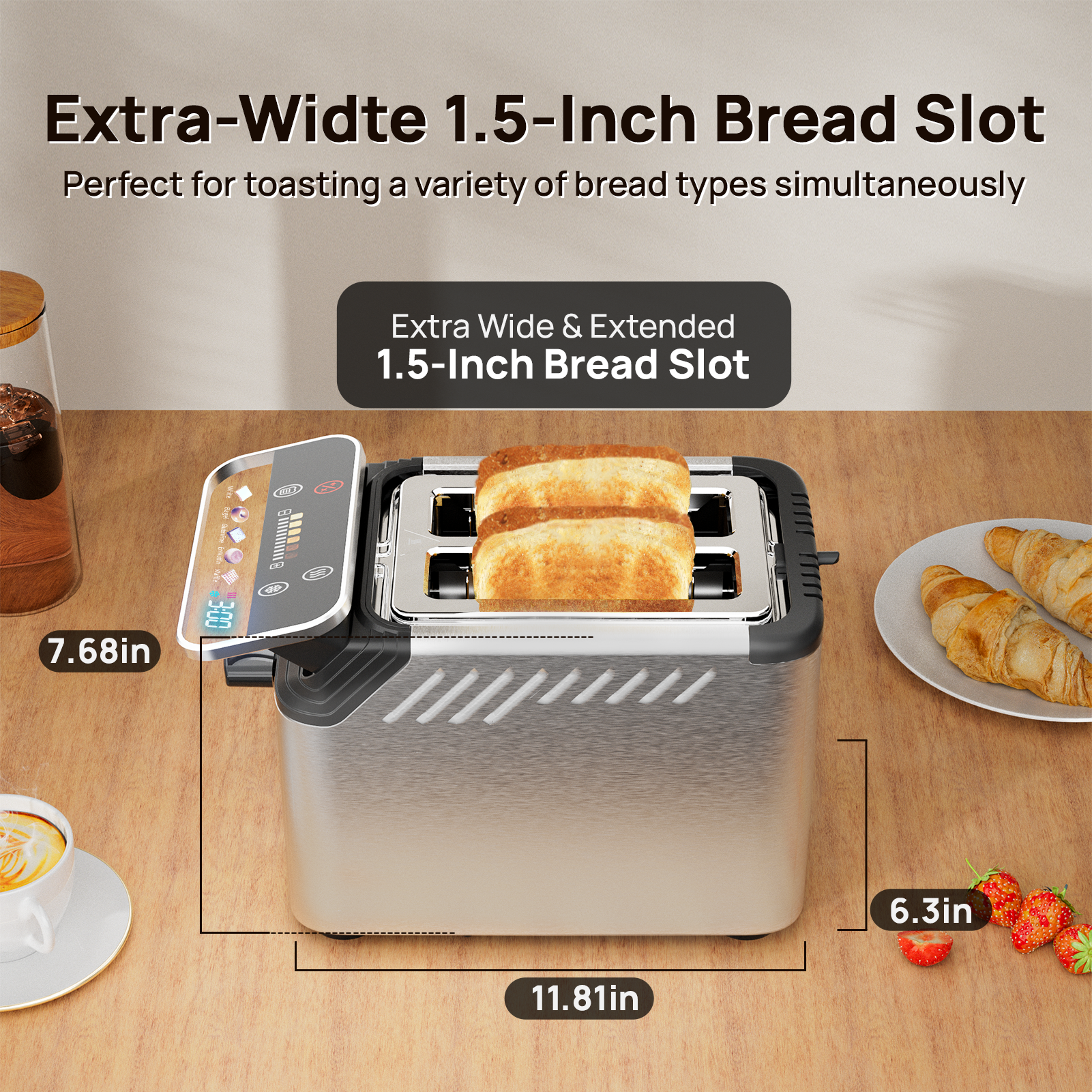 WHALL 2 Slice Toaster, Touch Screen Toasters with Projection Display, wide slots, Bagle / Reheat/Defrost Stainless Steel
