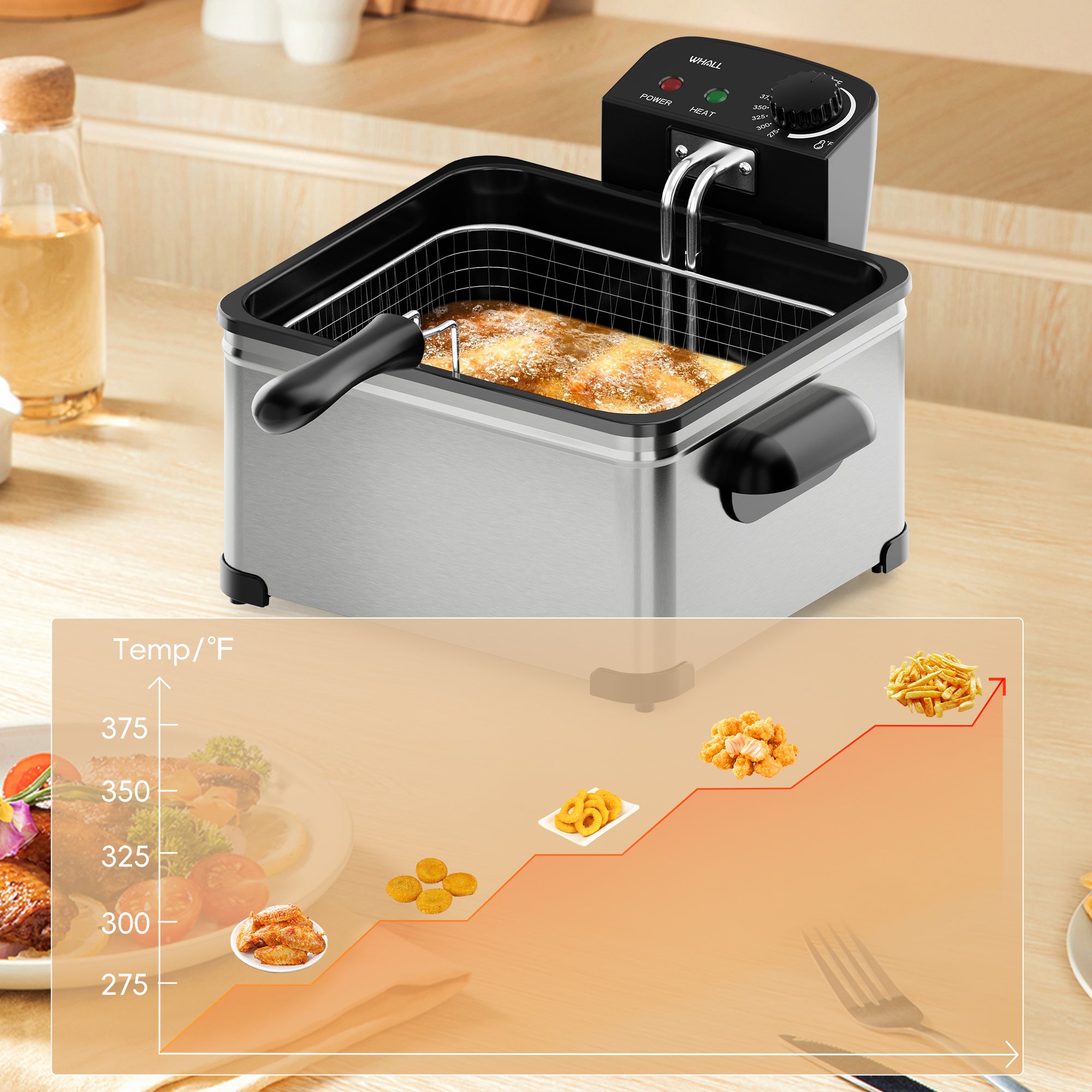 WHALL 5L Large Capacity Deep Fryer – 1700W High Power, Adjustable Temperature Control, Stainless Steel