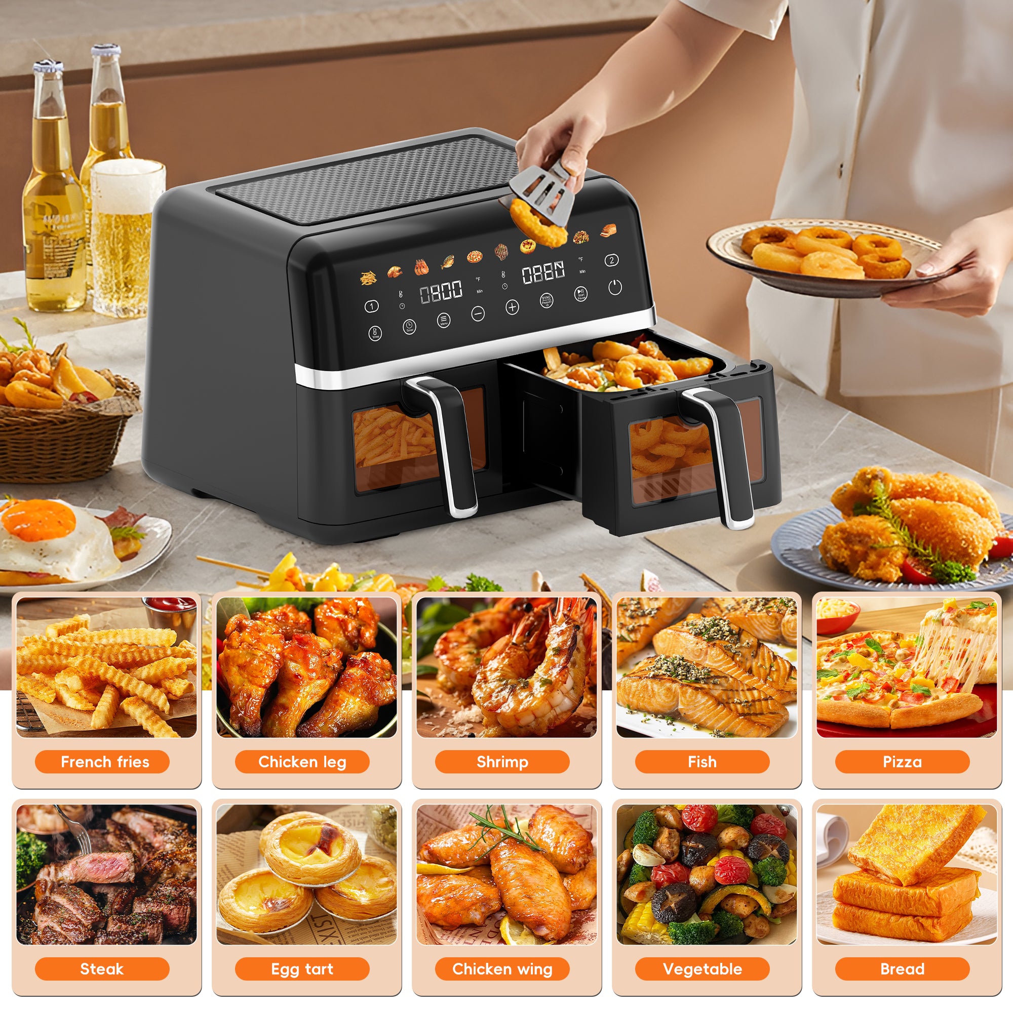 WHALL Dual Basket Digital Air Fryer Oven with View Windows, 2 Independent 5 Qt Baskets, 1800W, New