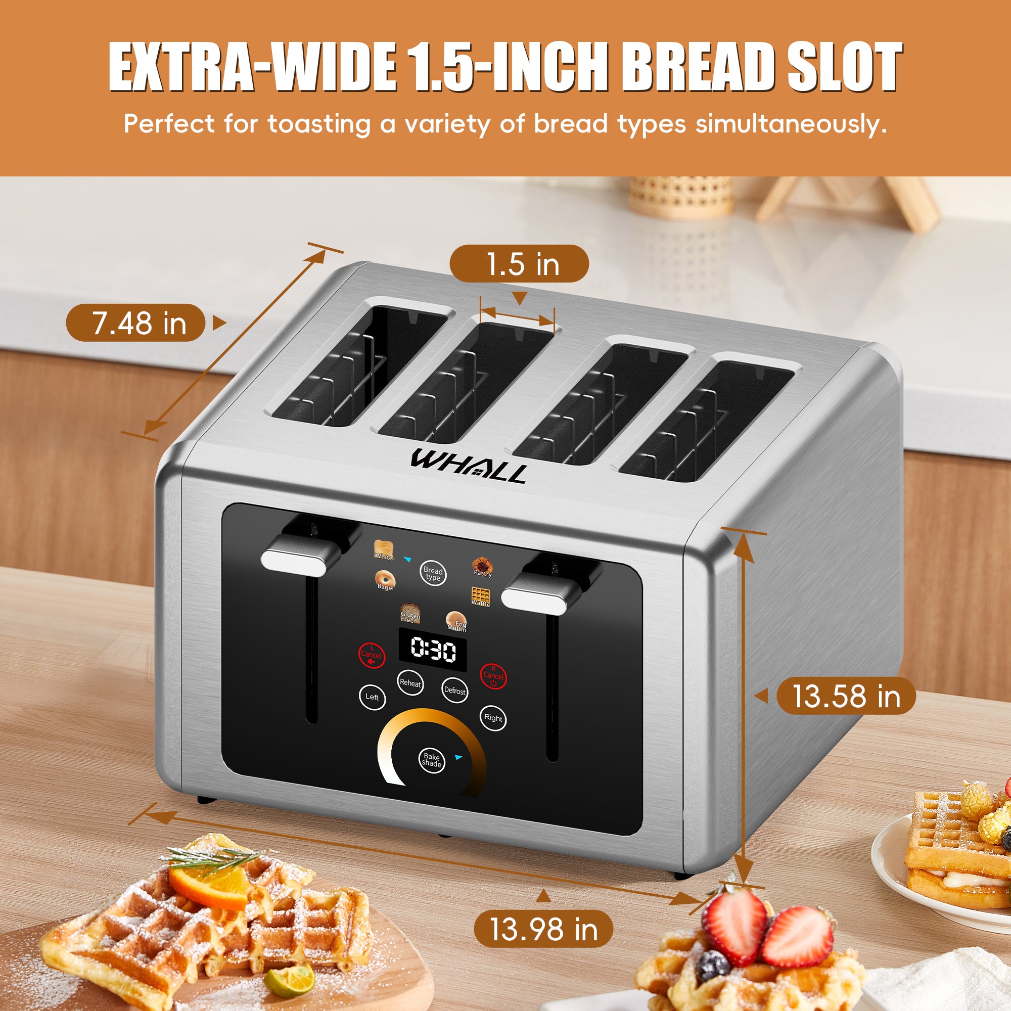WHALL Stainless Steel Touchscreen Toaster 4 Slice, 6 Shade Settings, Bagel, Cancel, Defrost Functions
