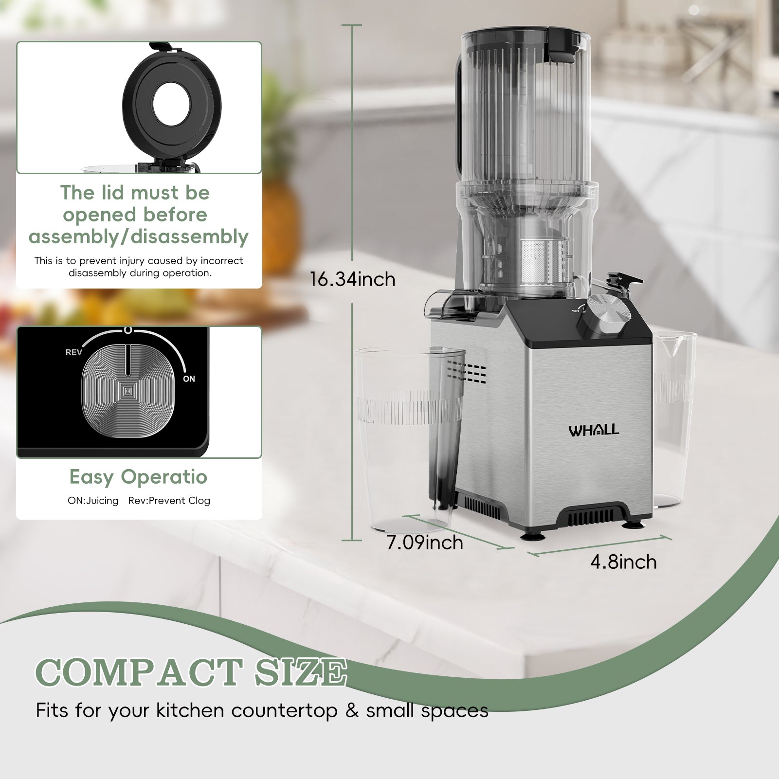 Whall Slow Masticating Juicer – 4" Extra-Large Feed Chute, Dual Speeds for Soft & Hard Produce, 180W