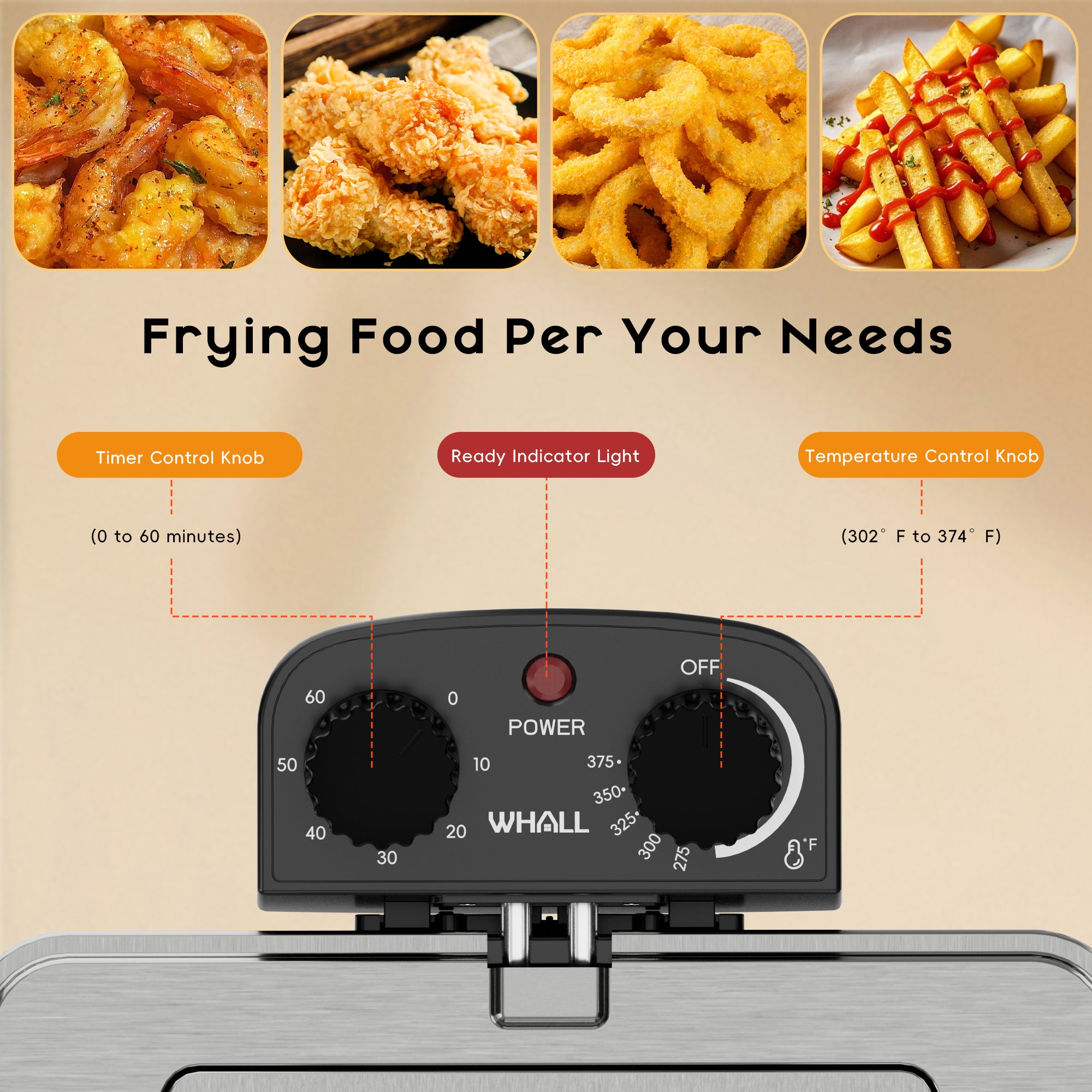 WHALL Deep Fryer with 3 Baskets, 5 L/21 Cups Oil Capacity, Temperature Control,Viewing window, Stainless Steel, 1700 W