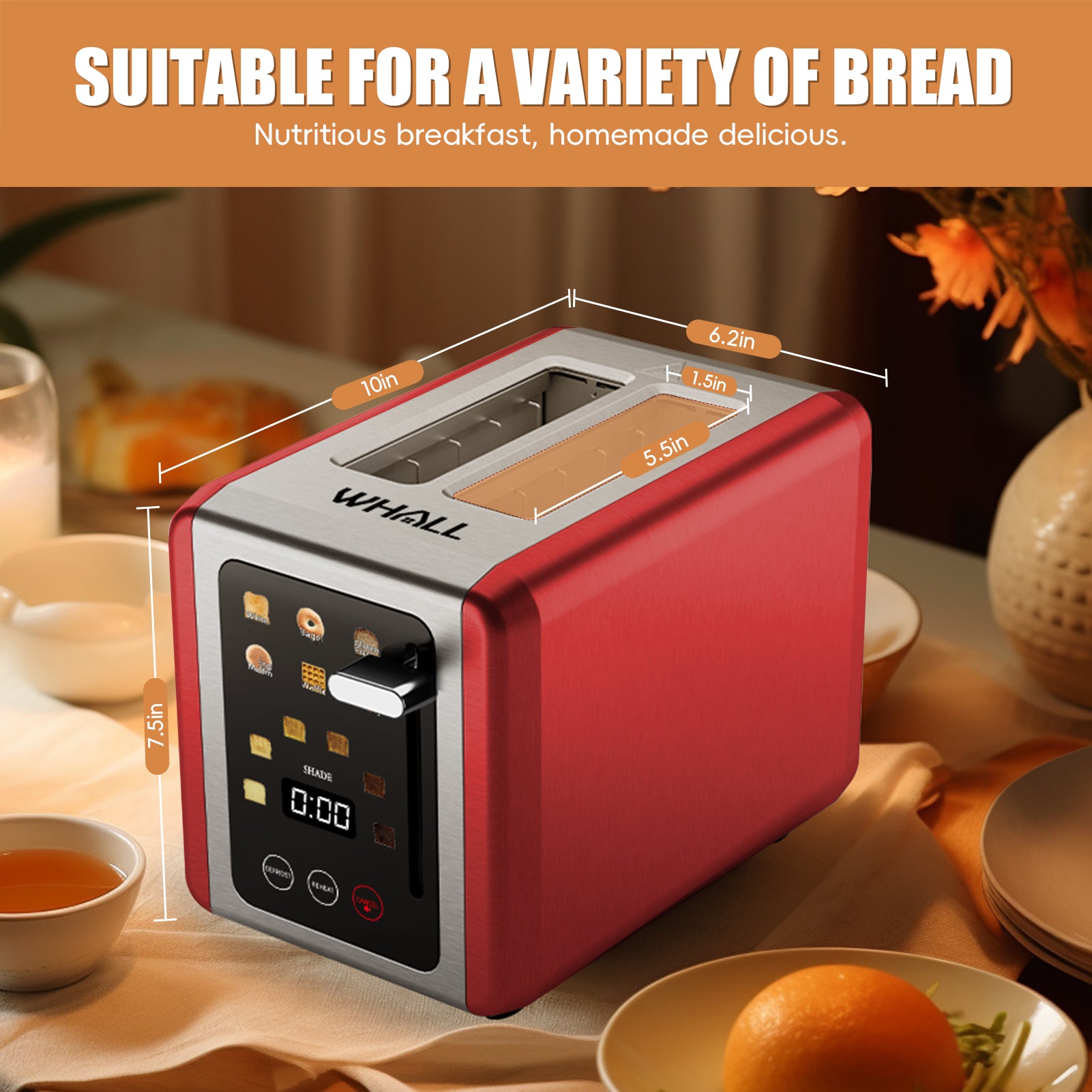 WHALLULTRA Touchscreen 2 Slice Toaster Stainless Steel, 1.5" Extra Wide Slots for Bagels & Thick Breads, Defrost Function, 850W Compact Kitchen Toaster, Red