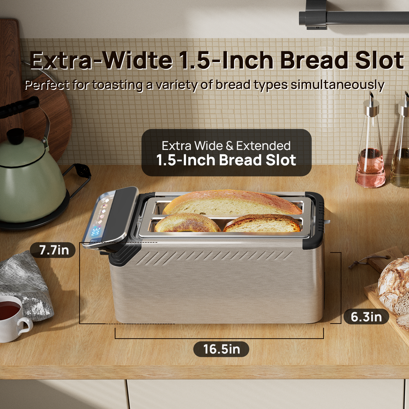 WHALLULTRA 4 Slice Toaster, TouchScreen Toasters with Projection Display, Long Extra-Wide Slots, Bagle / Reheat/Defrost Stainless Steel