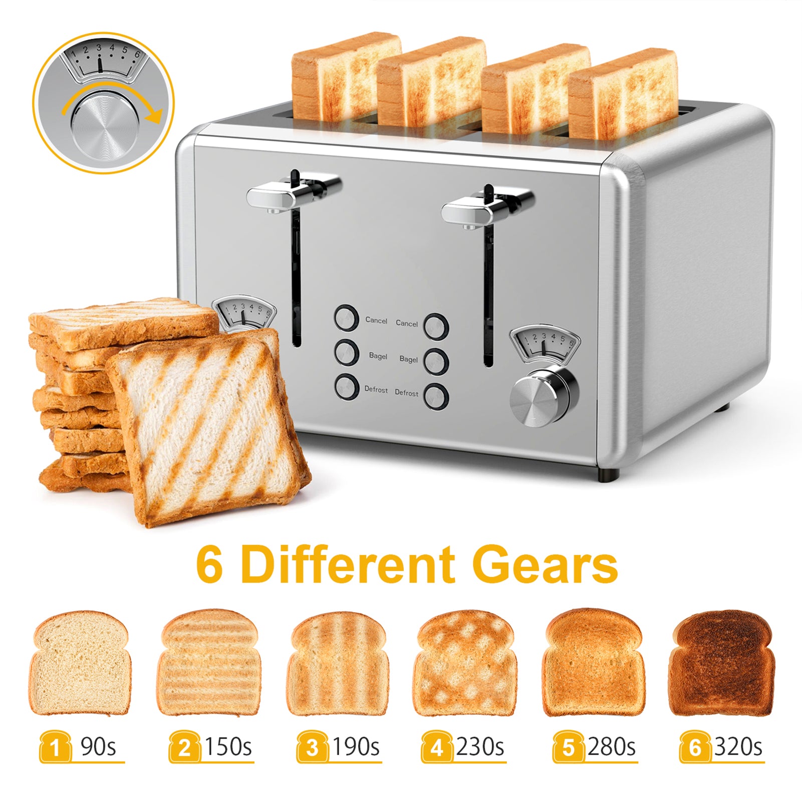 WHALL 4 Slice Toaster - Stainless Steel Bagel Toaster with Dual Control Panels, 6 Shade Settings,Silver