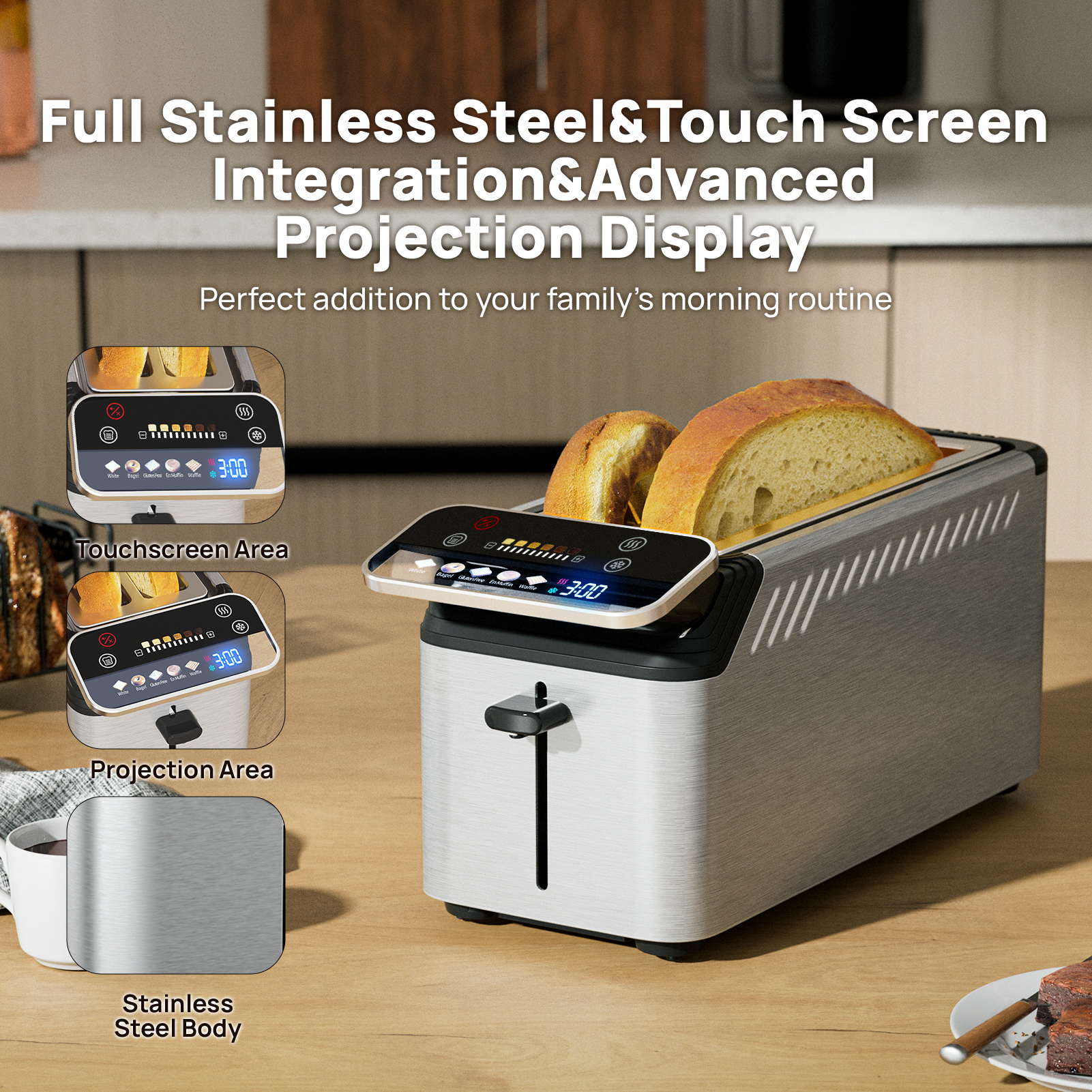 WHALLULTRA 4 Slice Toaster, TouchScreen Toasters with Projection Display, Long Extra-Wide Slots, Bagle / Reheat/Defrost Stainless Steel