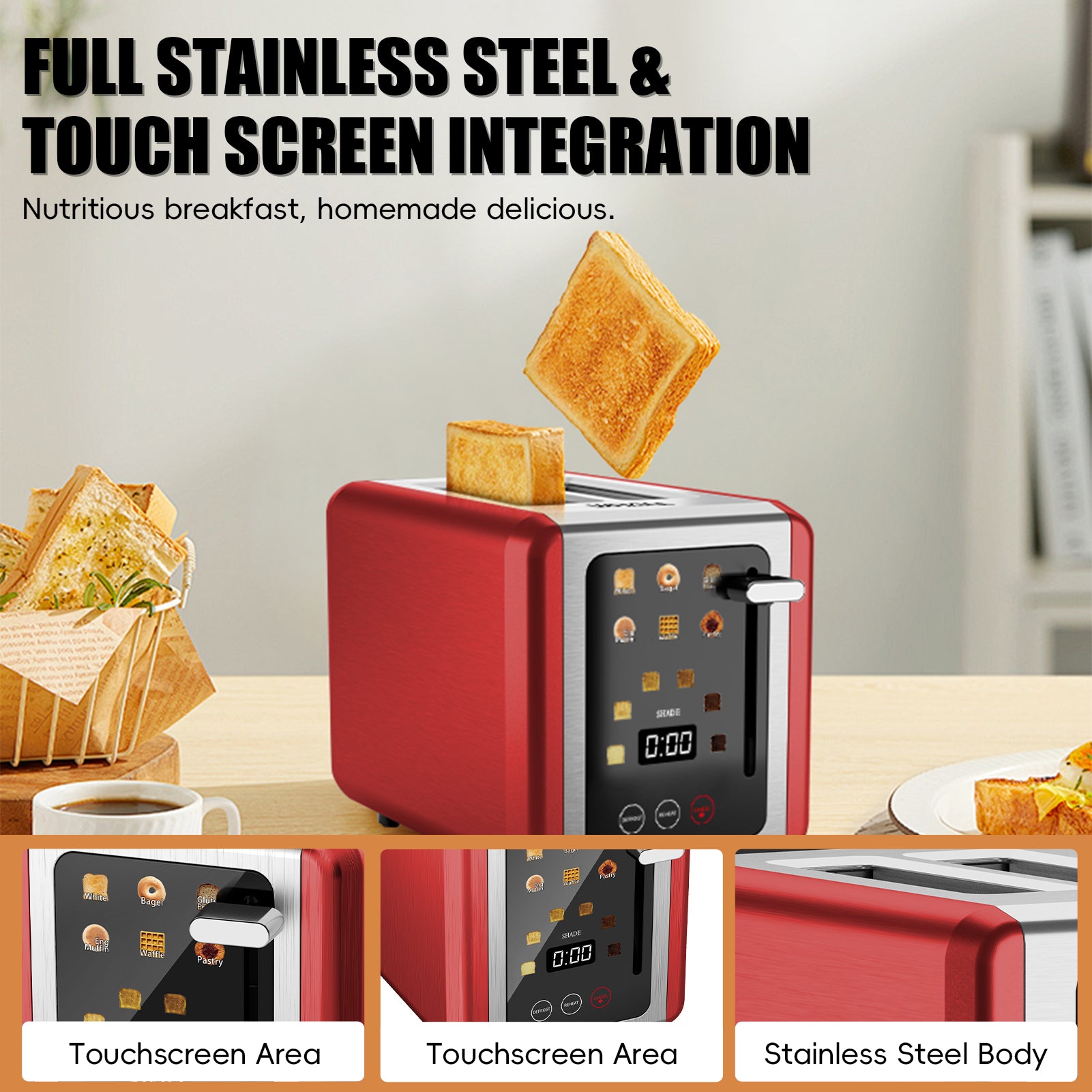 WHALLULTRA Touchscreen 2 Slice Toaster Stainless Steel, 1.5" Extra Wide Slots for Bagels & Thick Breads, Defrost Function, 850W Compact Kitchen Toaster, Red
