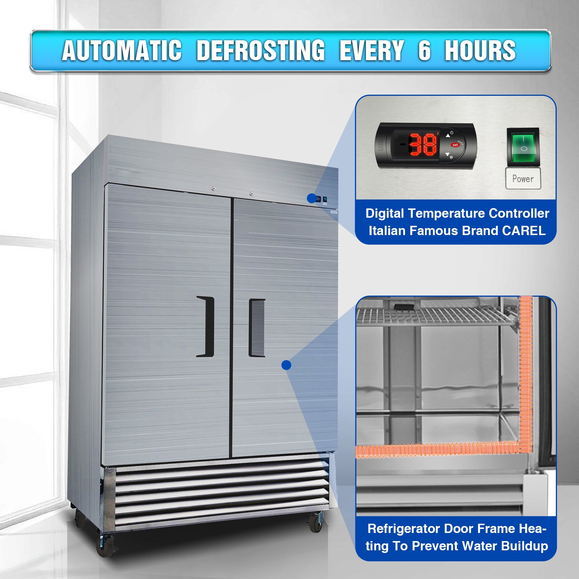 WHALL 54" Commercial Refrigerator 49 Cu.ft with 2 Solid Door Reach-In Refrigerators Stainless Steel ETL Approved Upright Fridge Storage