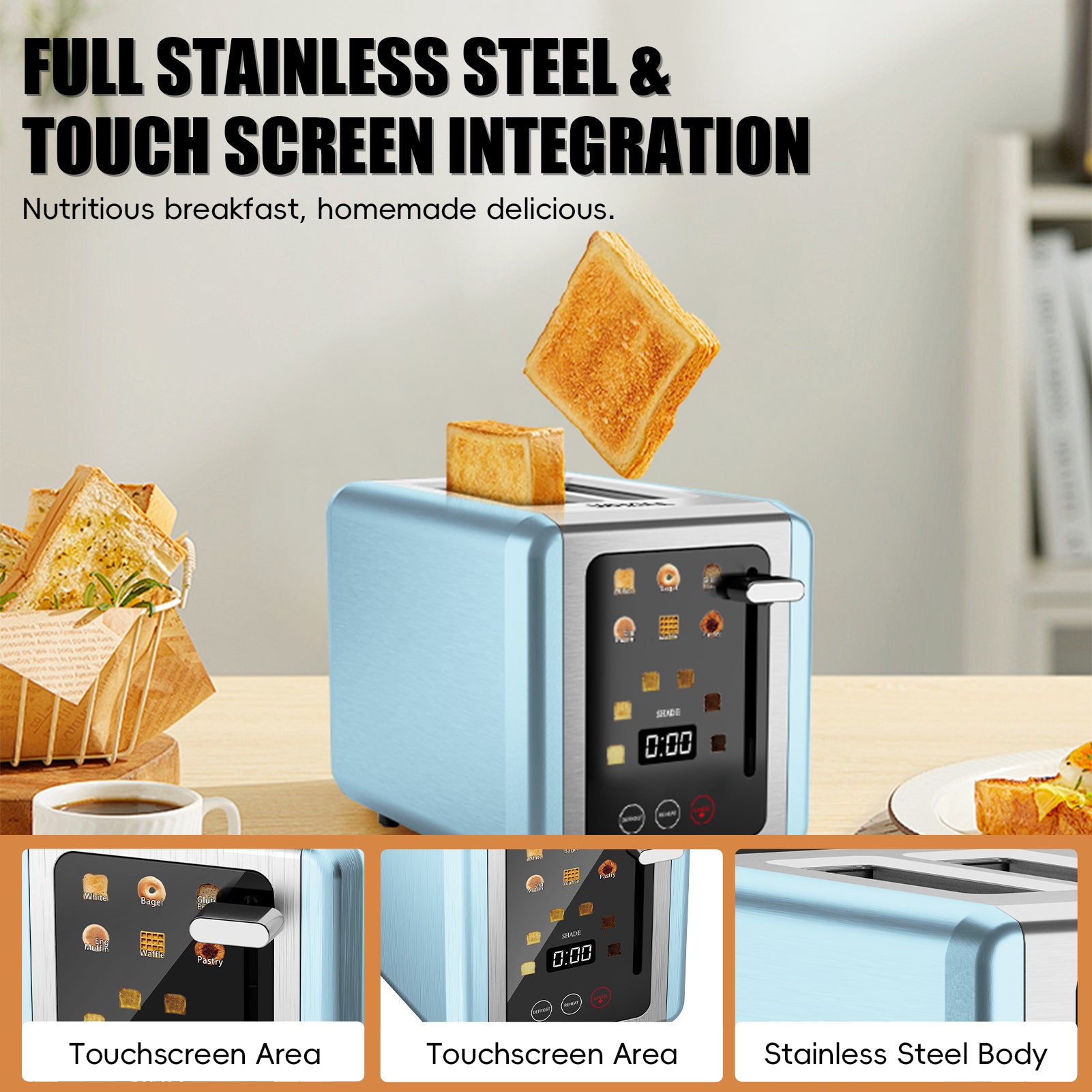 WHALLULTRA 2-Slice Touchscreen Toaster, Stainless Steel, 1.5" Wide Slots, Bagel/Defrost, 850W, Blue