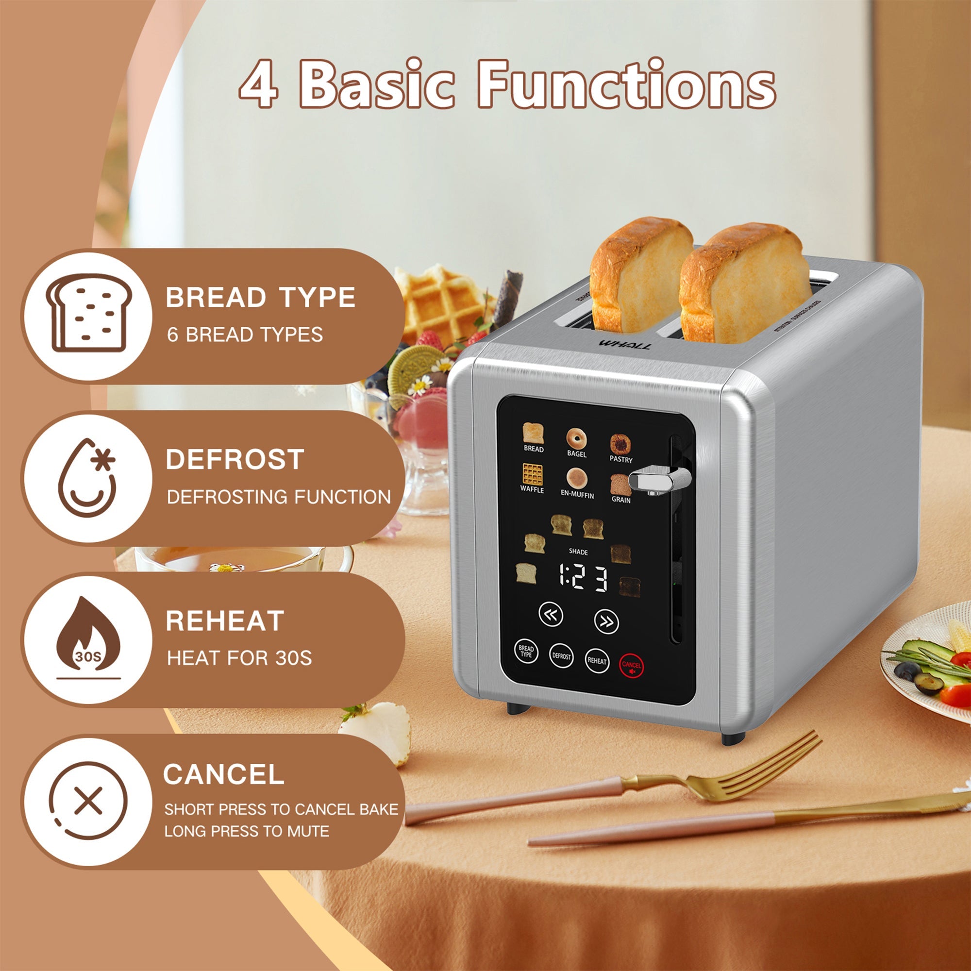 WHALL Toaster 2 Slice, Touch Screen Toasters, Smart Bread Toaster, Stainless Steel Small Toaster, Wide Slots Toaster With Bagel, Home and Kitchen