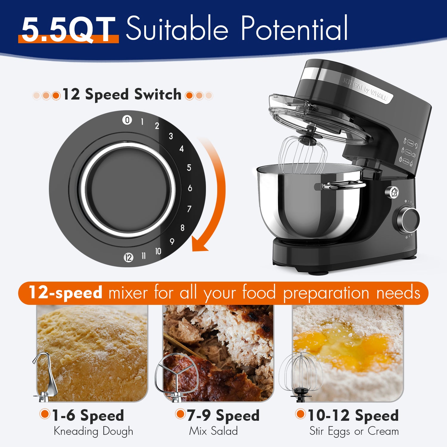 WHALL 12-Speed Tilt-Head Electric Stand Mixer – With Dough Hook, Wire Whip & Stainless Steel Bowl