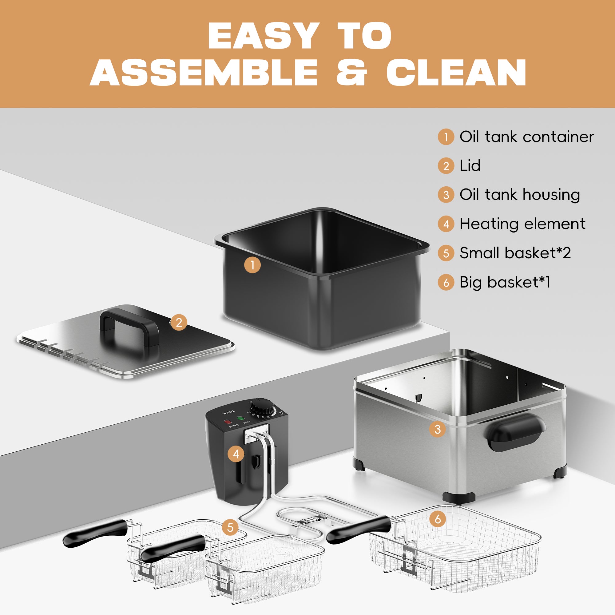 WHALL Deep Fryer with 3 Baskets, 5 L/21 Cups Oil Capacity, Temperature Control, Stainless Steel, 1700 W
