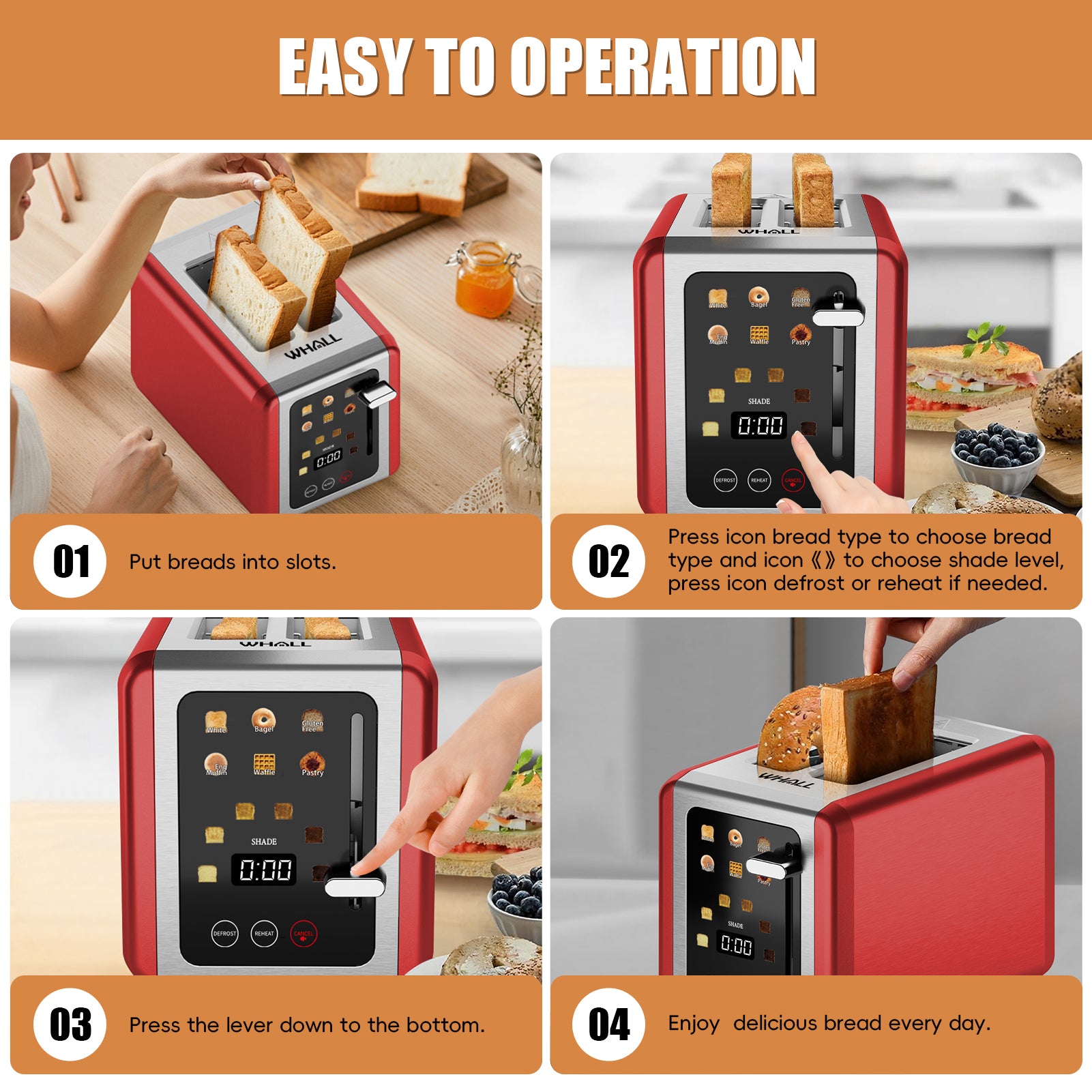 WHALLULTRA Touchscreen 2 Slice Toaster Stainless Steel, 1.5" Extra Wide Slots for Bagels & Thick Breads, Defrost Function, 850W Compact Kitchen Toaster, Red