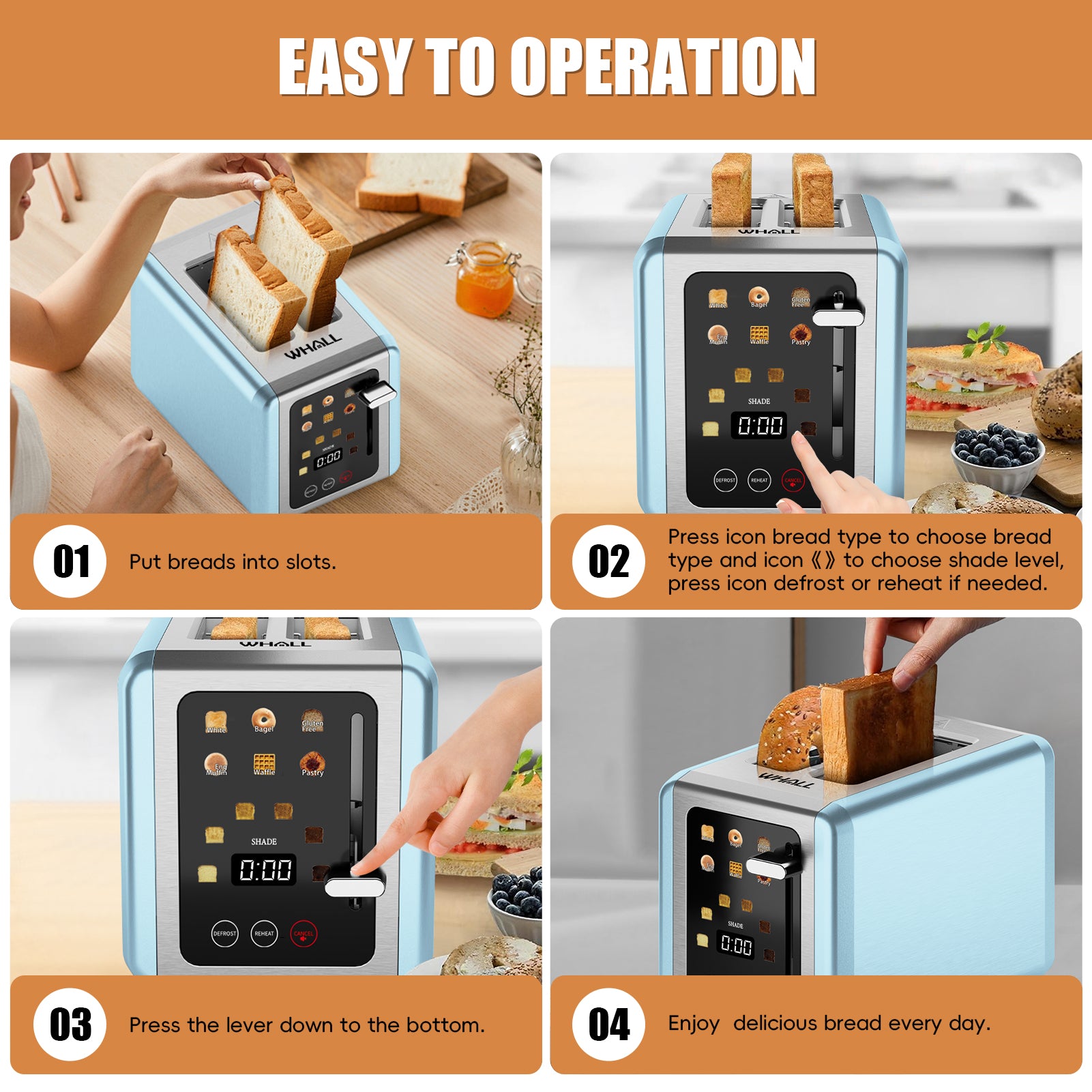 WHALLULTRA 2-Slice Touchscreen Toaster, Stainless Steel, 1.5" Wide Slots, Bagel/Defrost, 850W, Blue