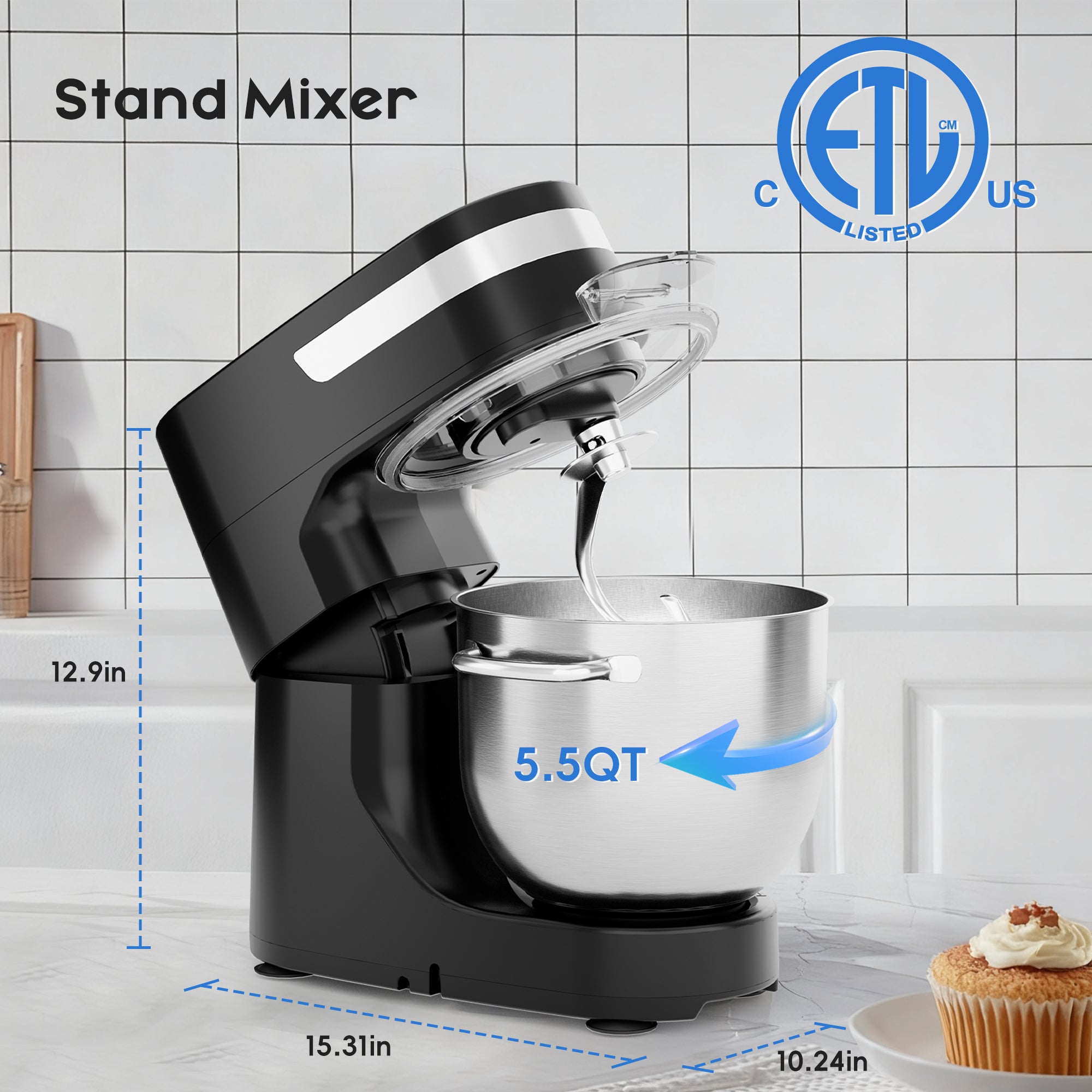 WHALL 5.5 Qt Tilt-Head Stand Mixer, Black with Dough Hook, Wire Whip, Beater